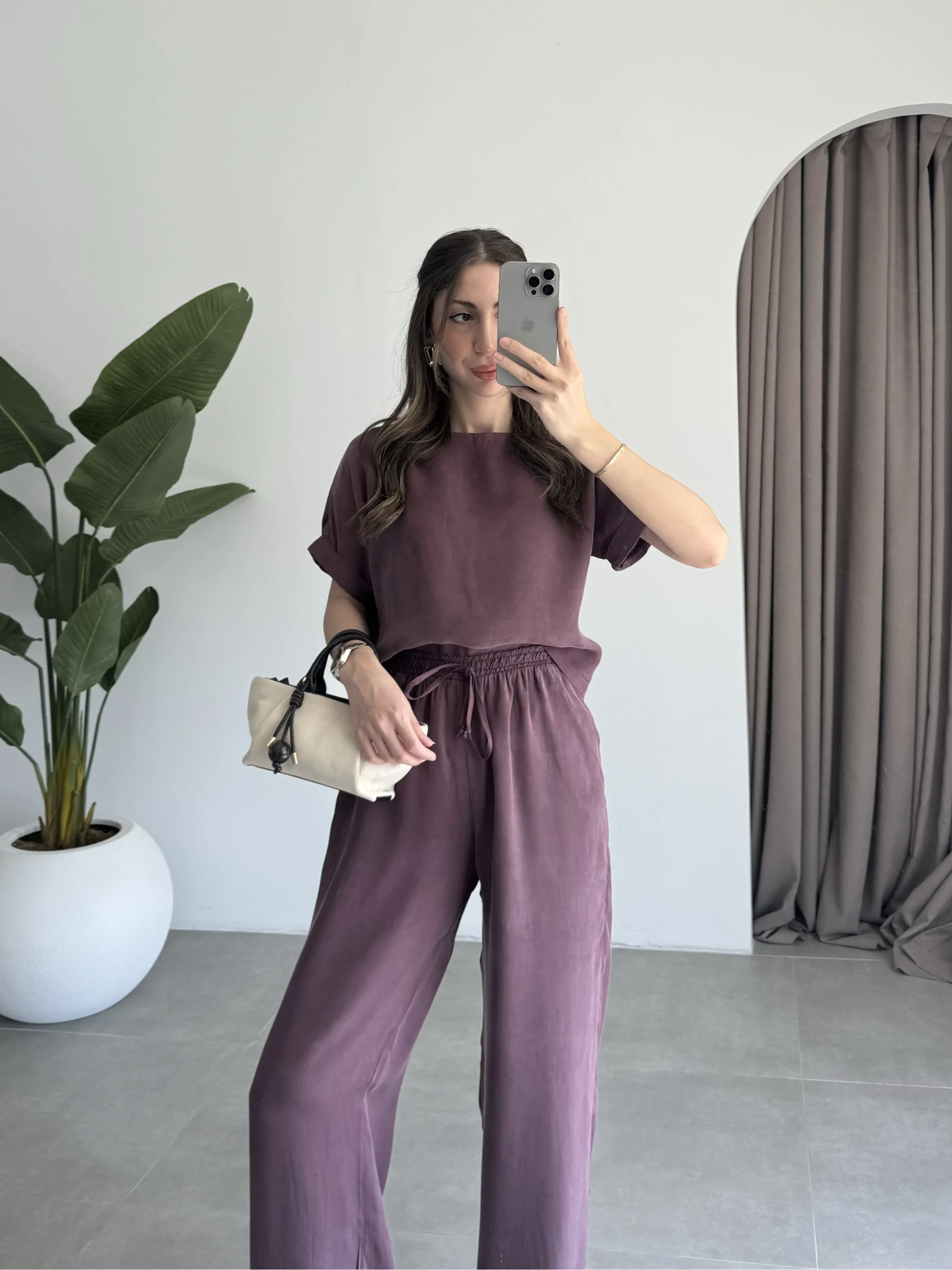 Lea Tensel Bordo Basic Bluz Takım