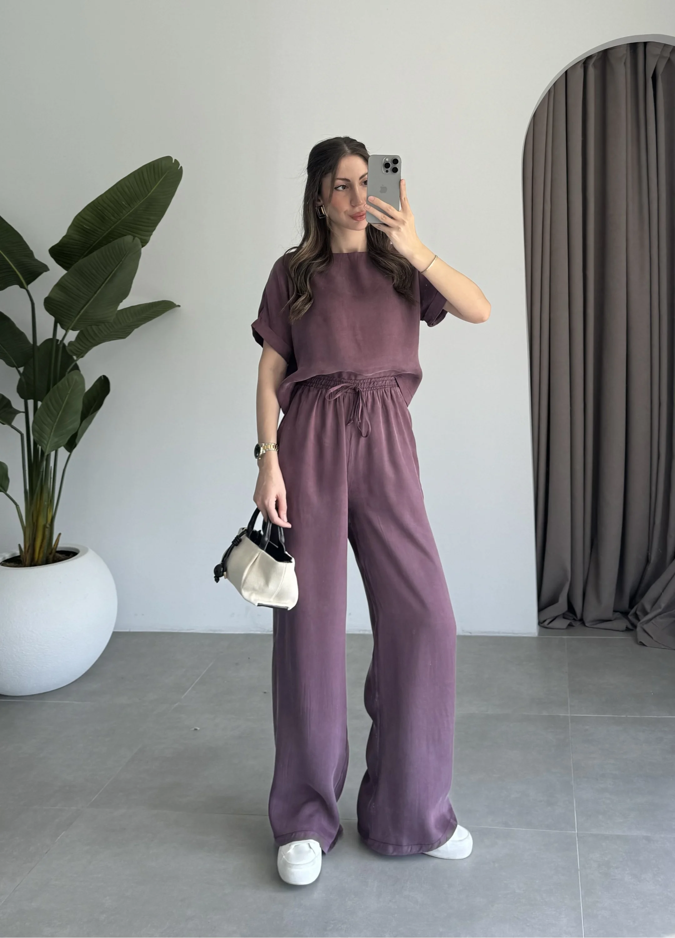Lea Tensel Bordo Basic Bluz Takım