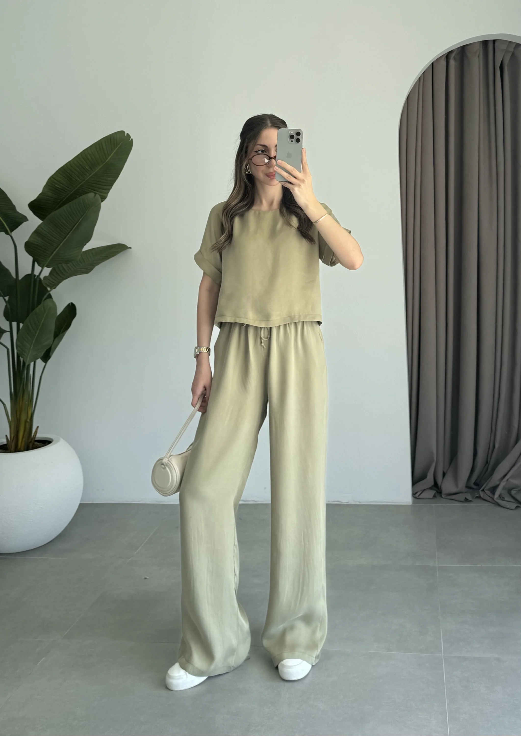 Lea Tensel Haki Basic Bluz Takım