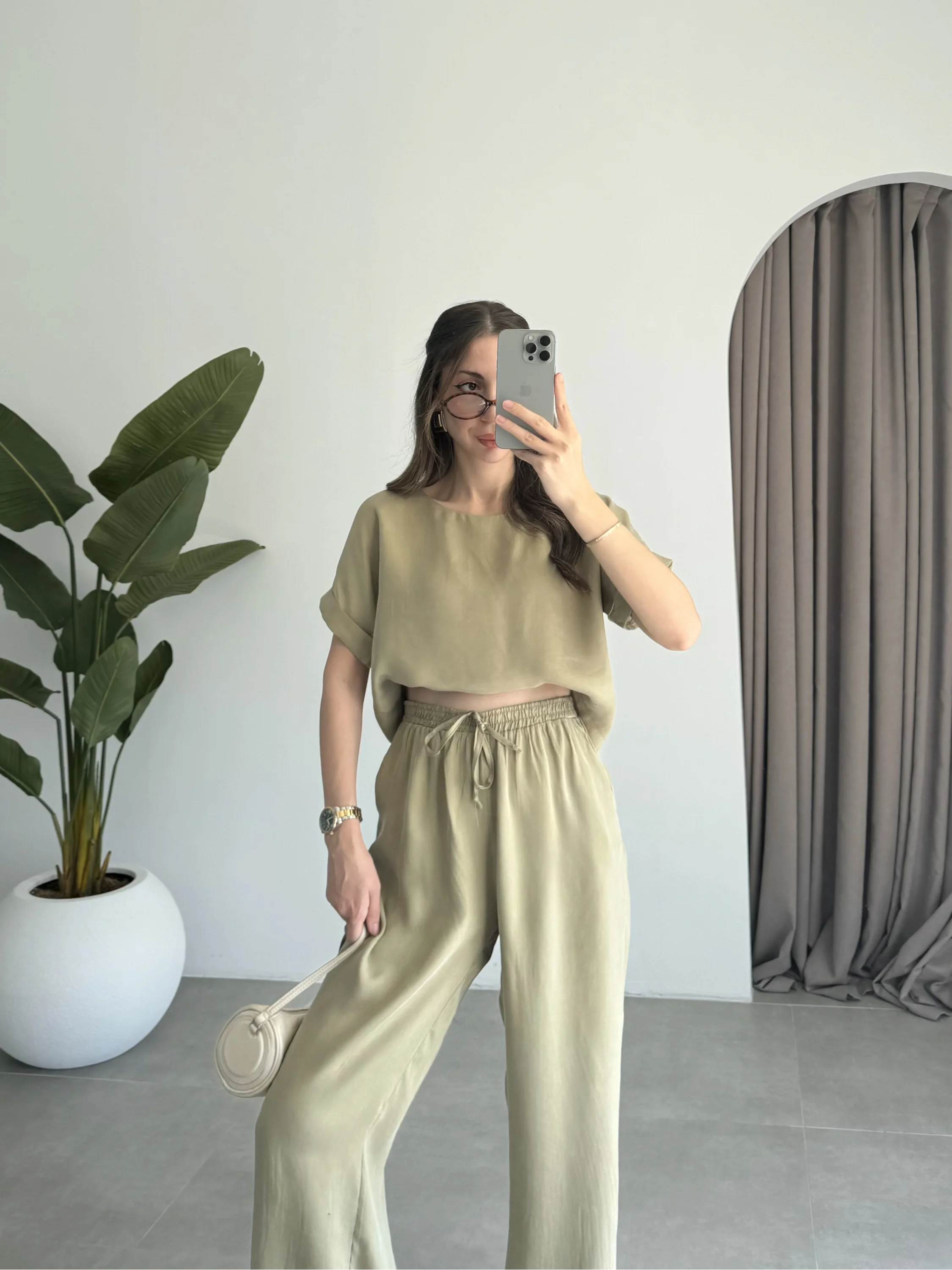 Lea Tensel Haki Basic Bluz Takım