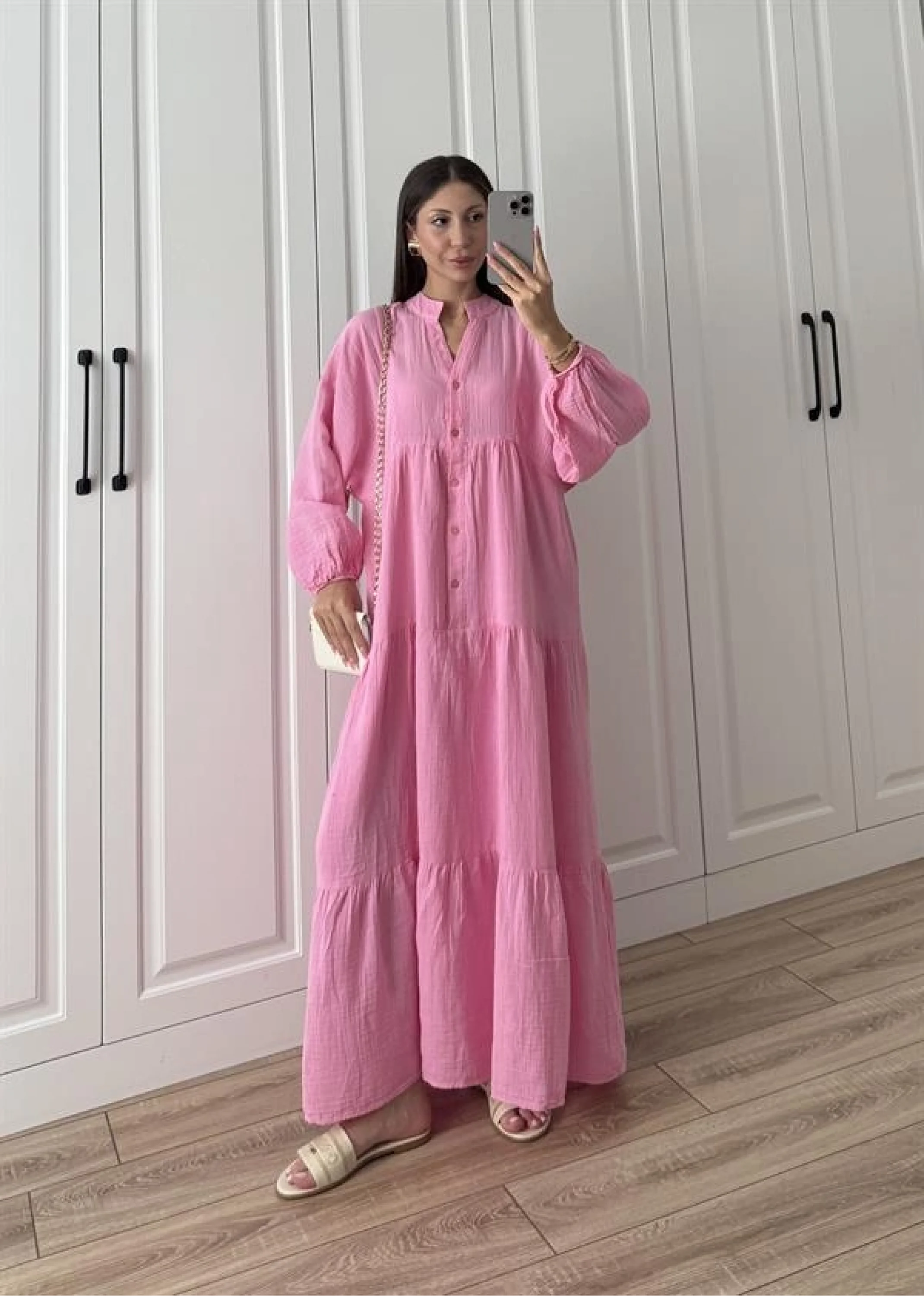 Müslin Kumaş Oversize Pembe Elbise