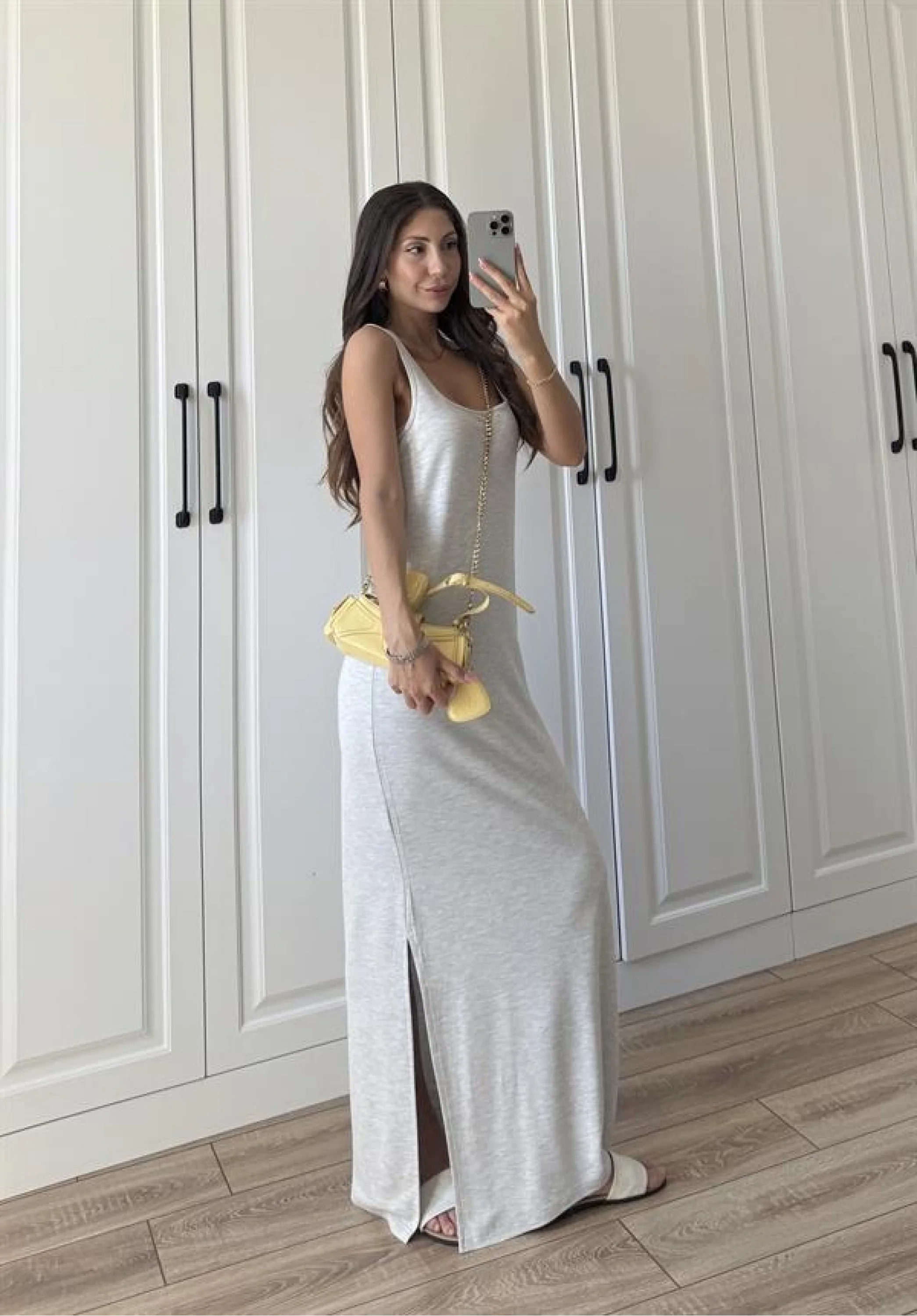 Oysh Kumaş Basic Yırtmaçlı Gri Uzun Elbise
