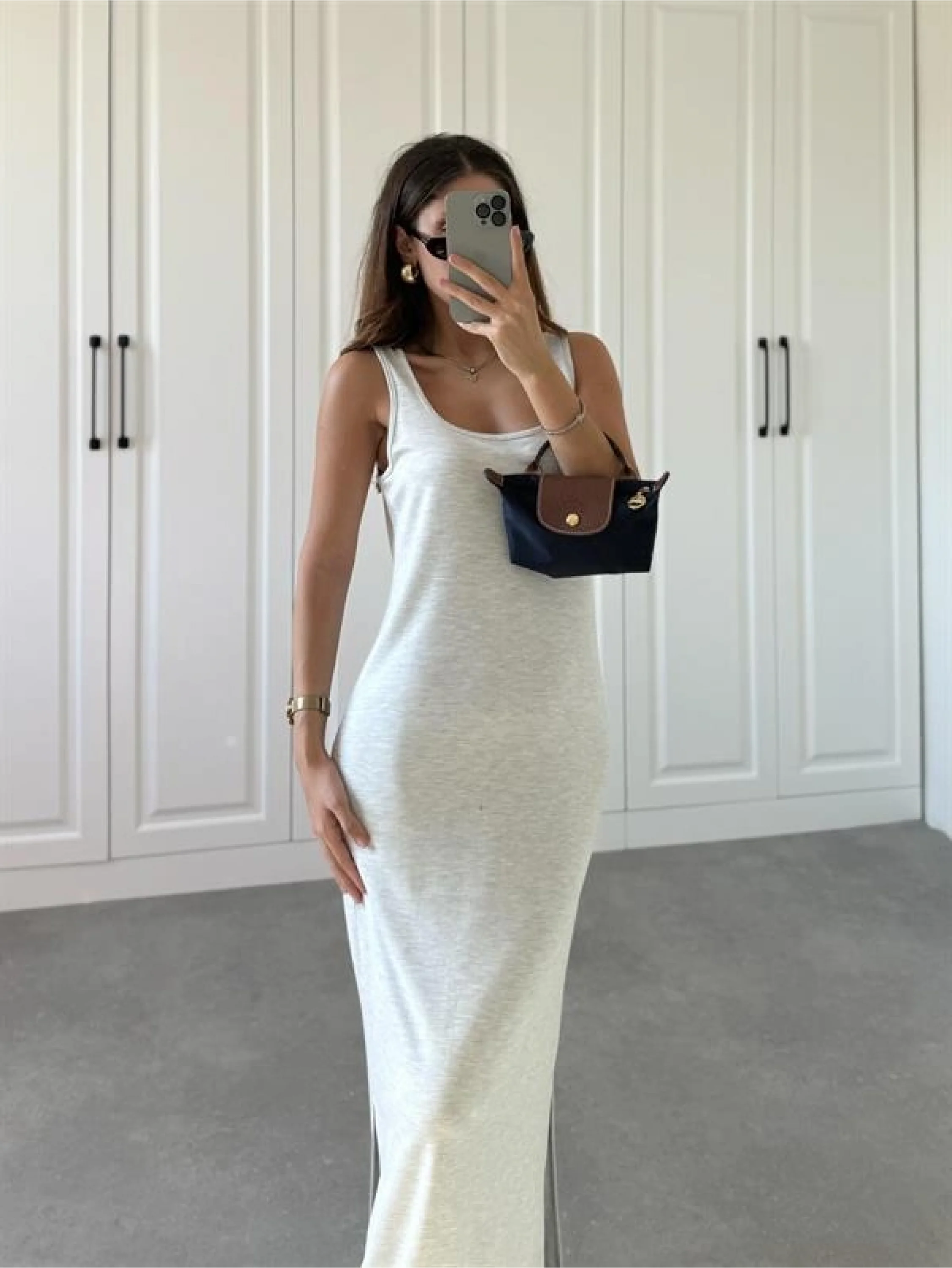 Oysh Kumaş Basic Yırtmaçlı Gri Uzun Elbise