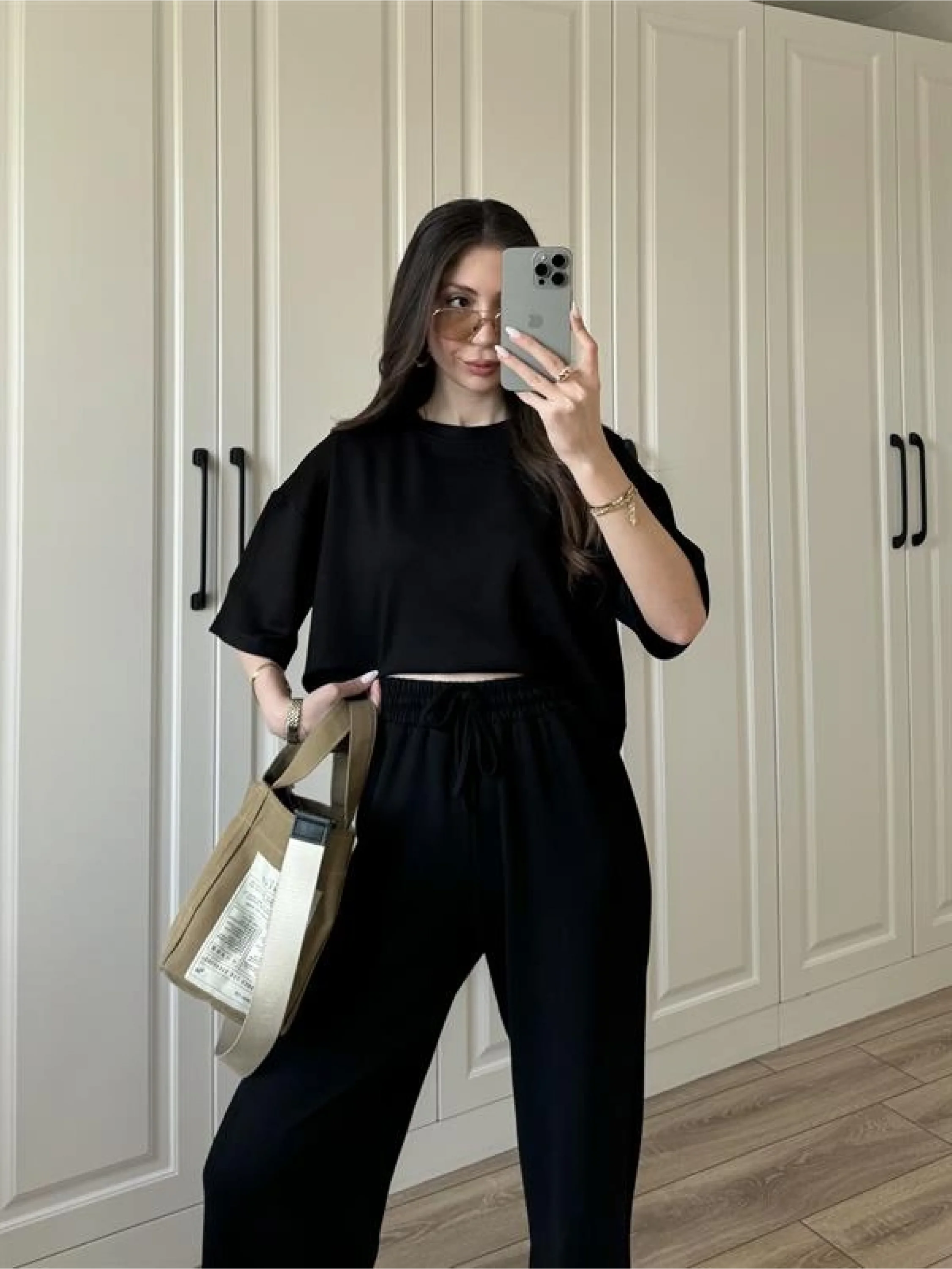 Oysh Moda Kumaş Siyah Basic Kısakollu Takım