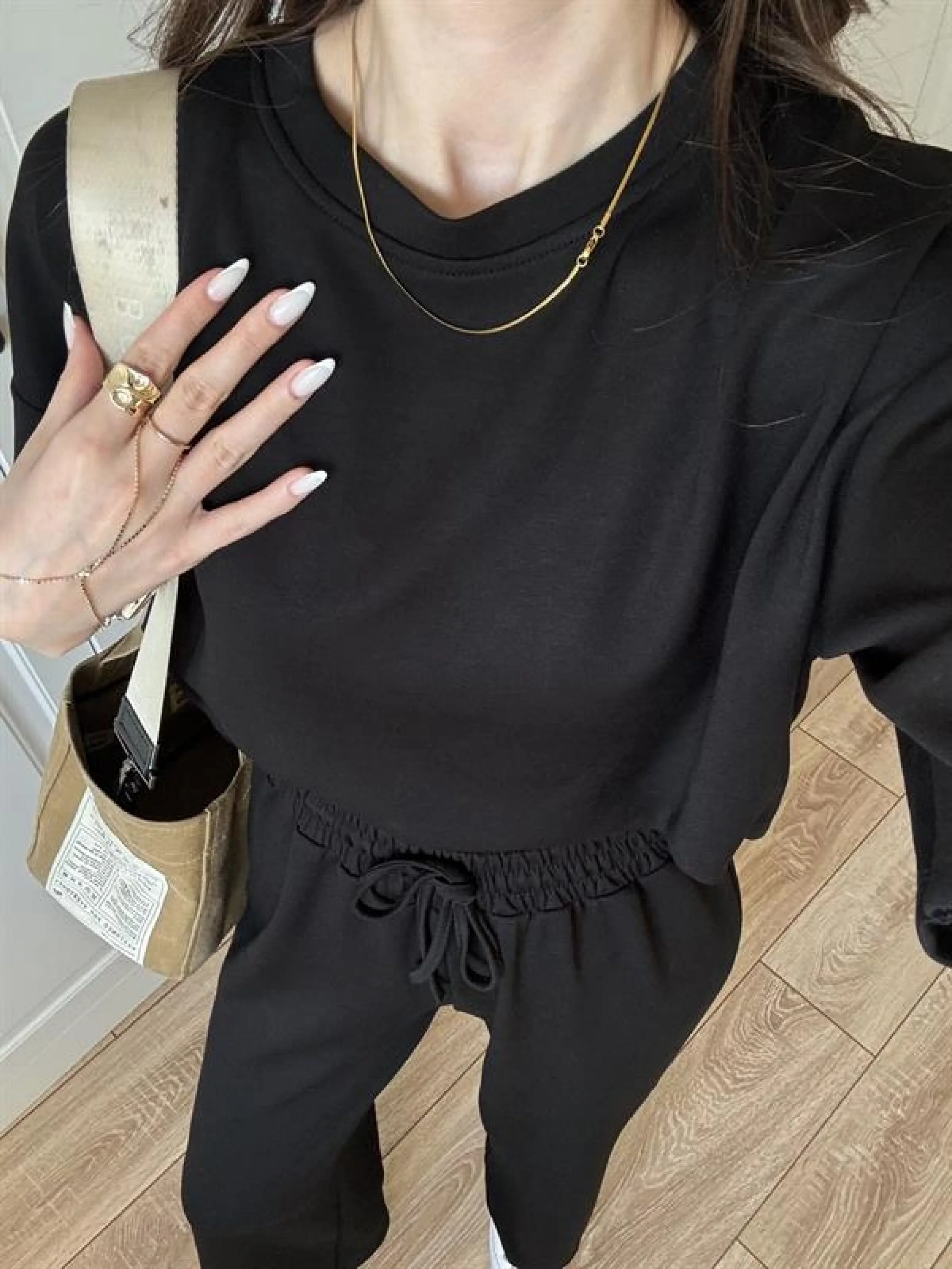 Oysh Moda Kumaş Siyah Basic Kısakollu Takım