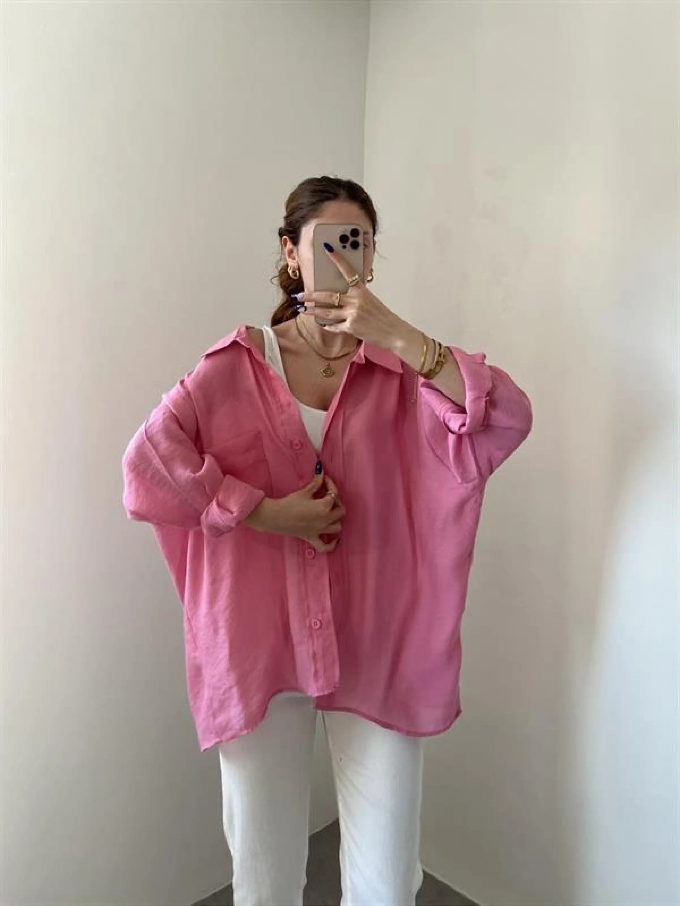 Pembe Oversize Tensel Gömlek