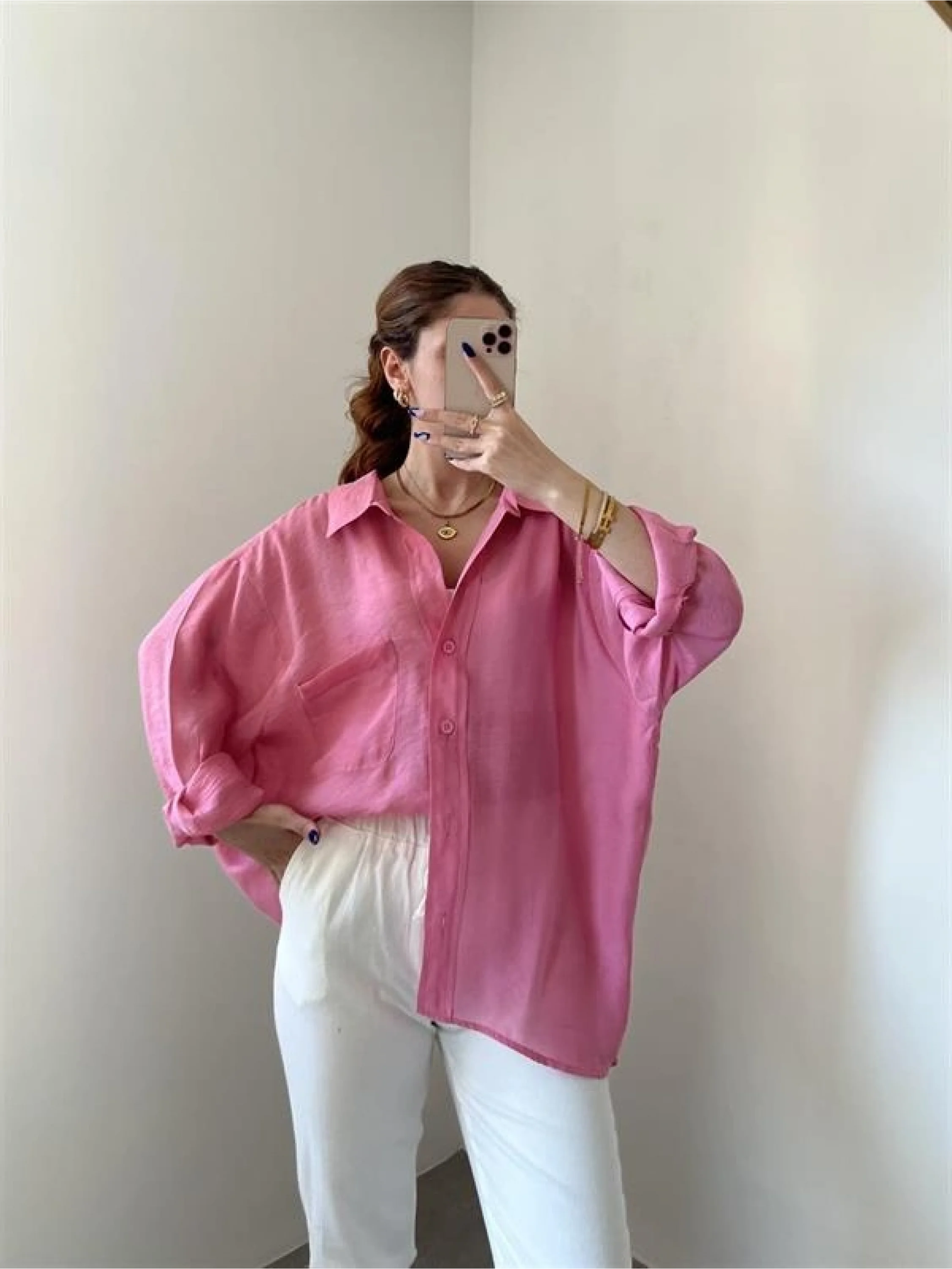 Pembe Oversize Tensel Gömlek