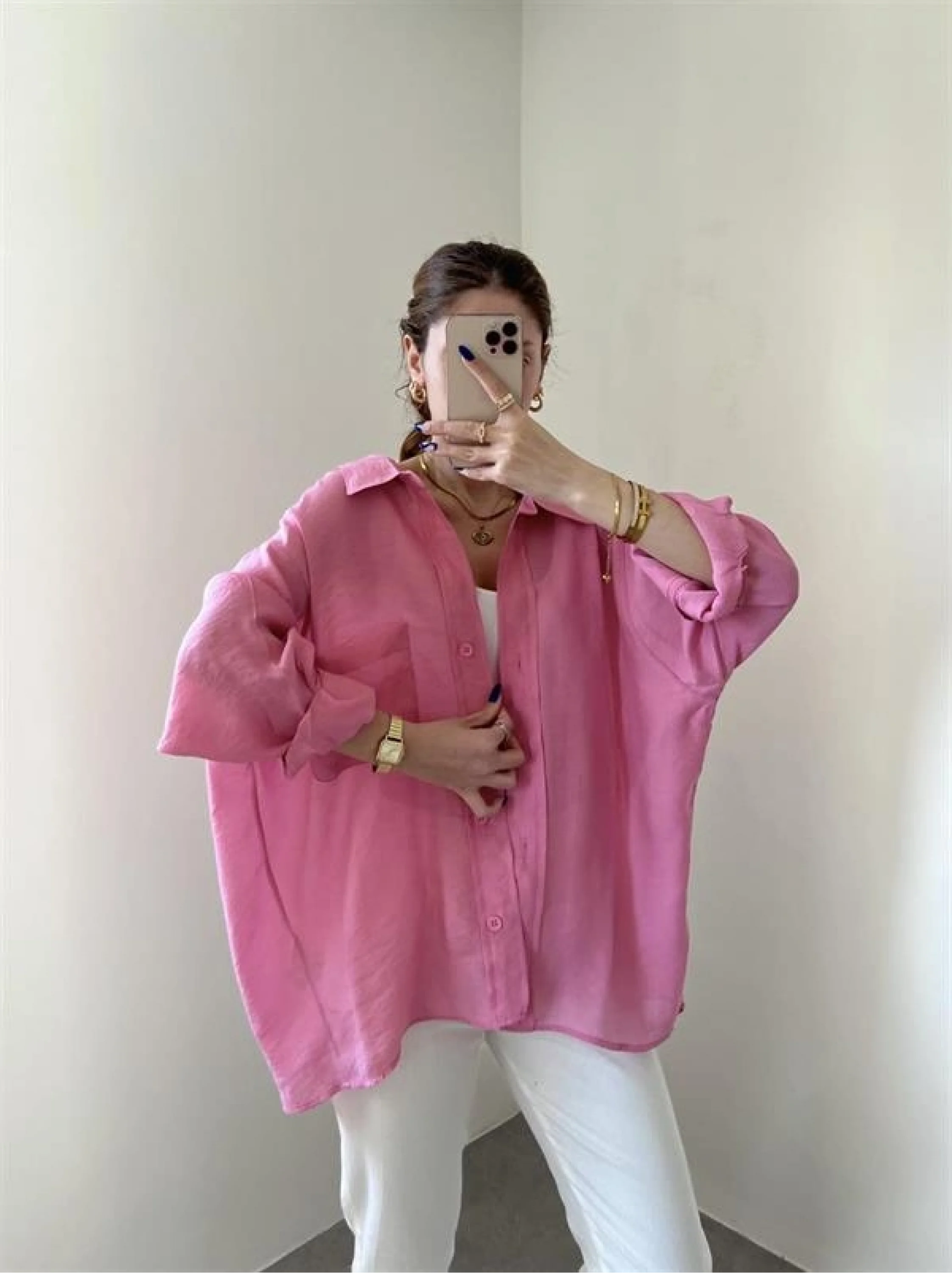 Pembe Oversize Tensel Gömlek