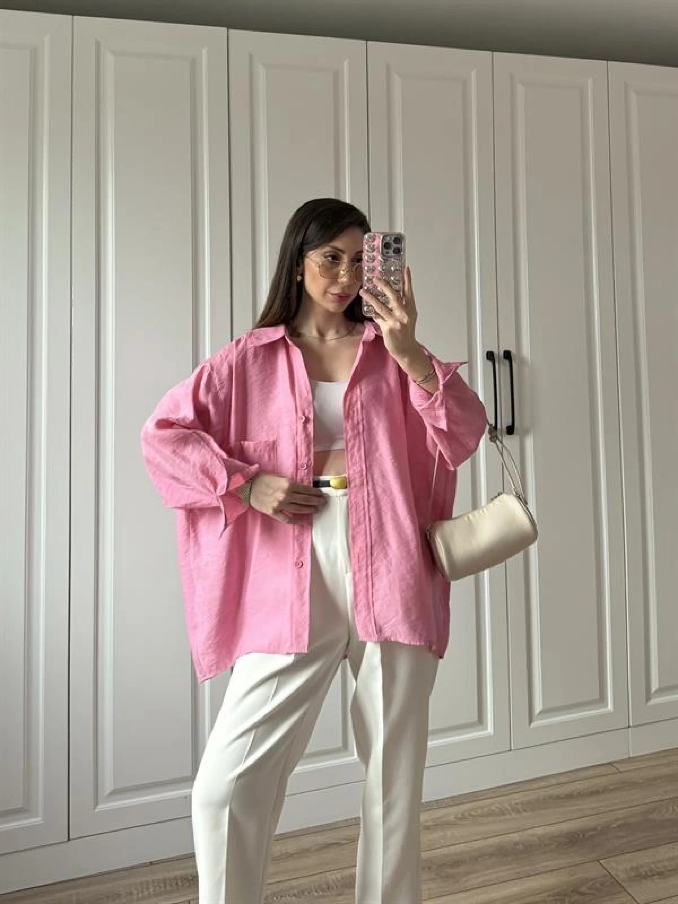 Pembe Oversize Tensel Gömlek