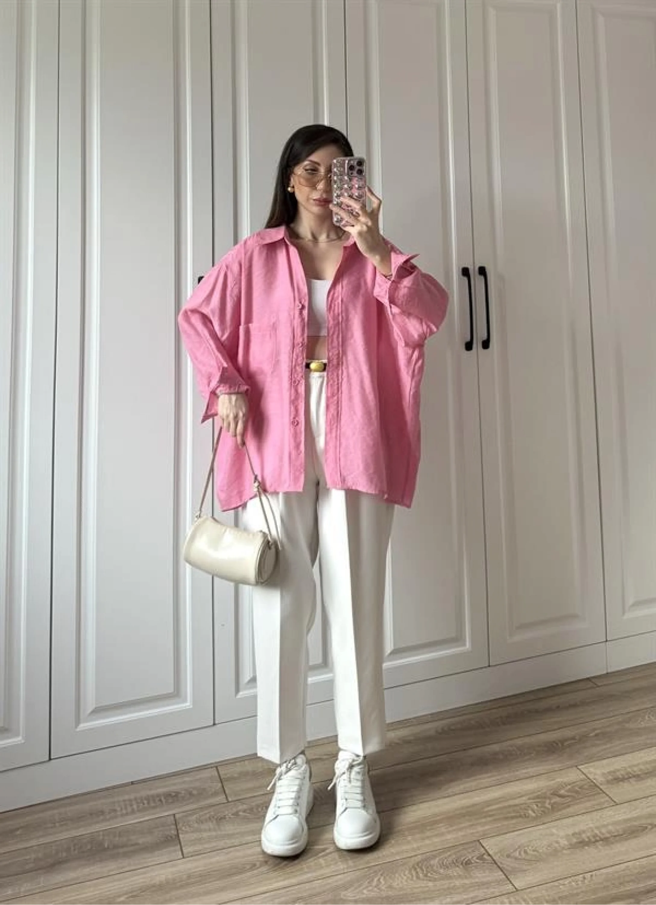 Pembe Oversize Tensel Gömlek