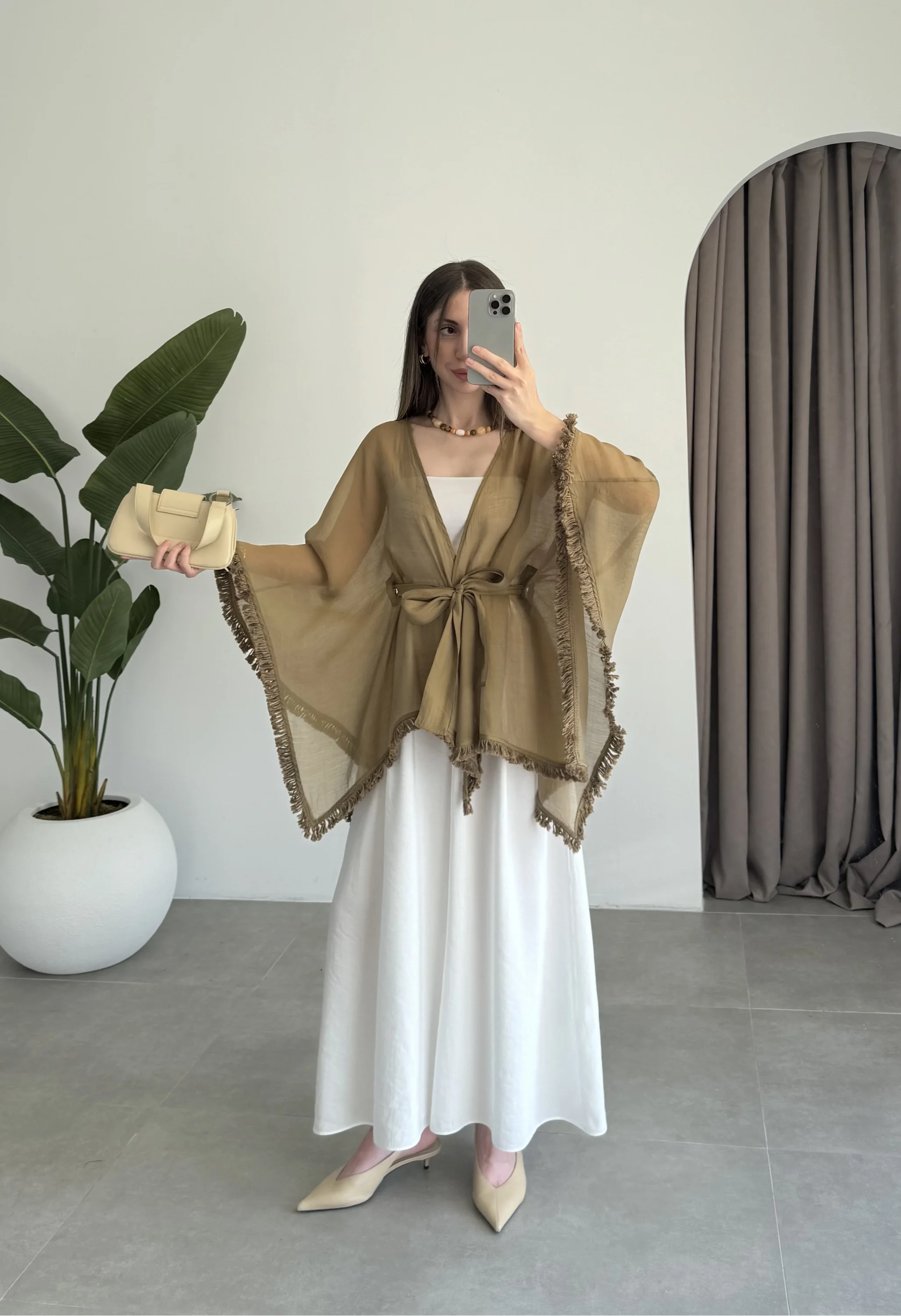 Püsküllü Kuşaklı Olive Kimono