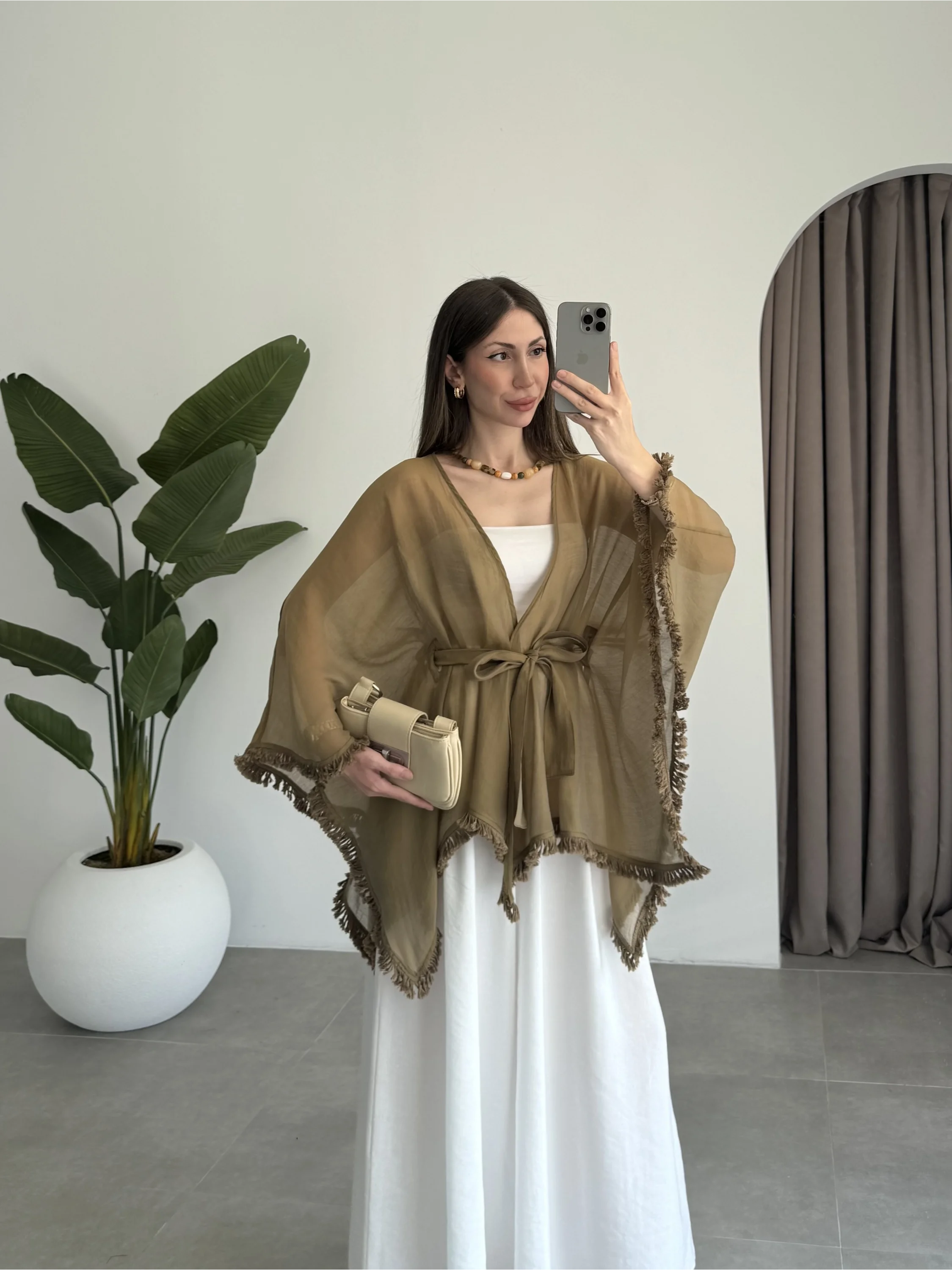 Püsküllü Kuşaklı Olive Kimono