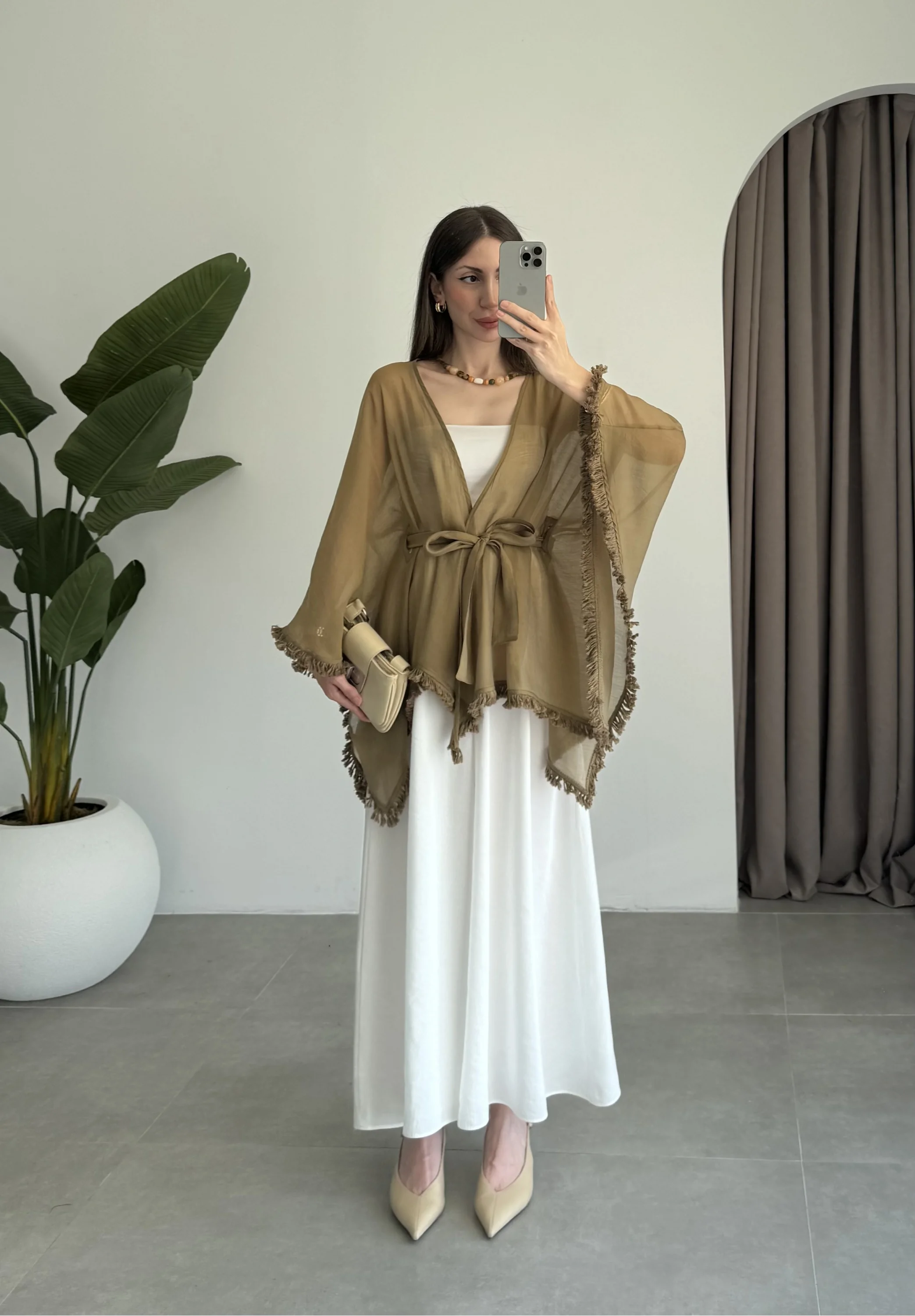 Püsküllü Kuşaklı Olive Kimono