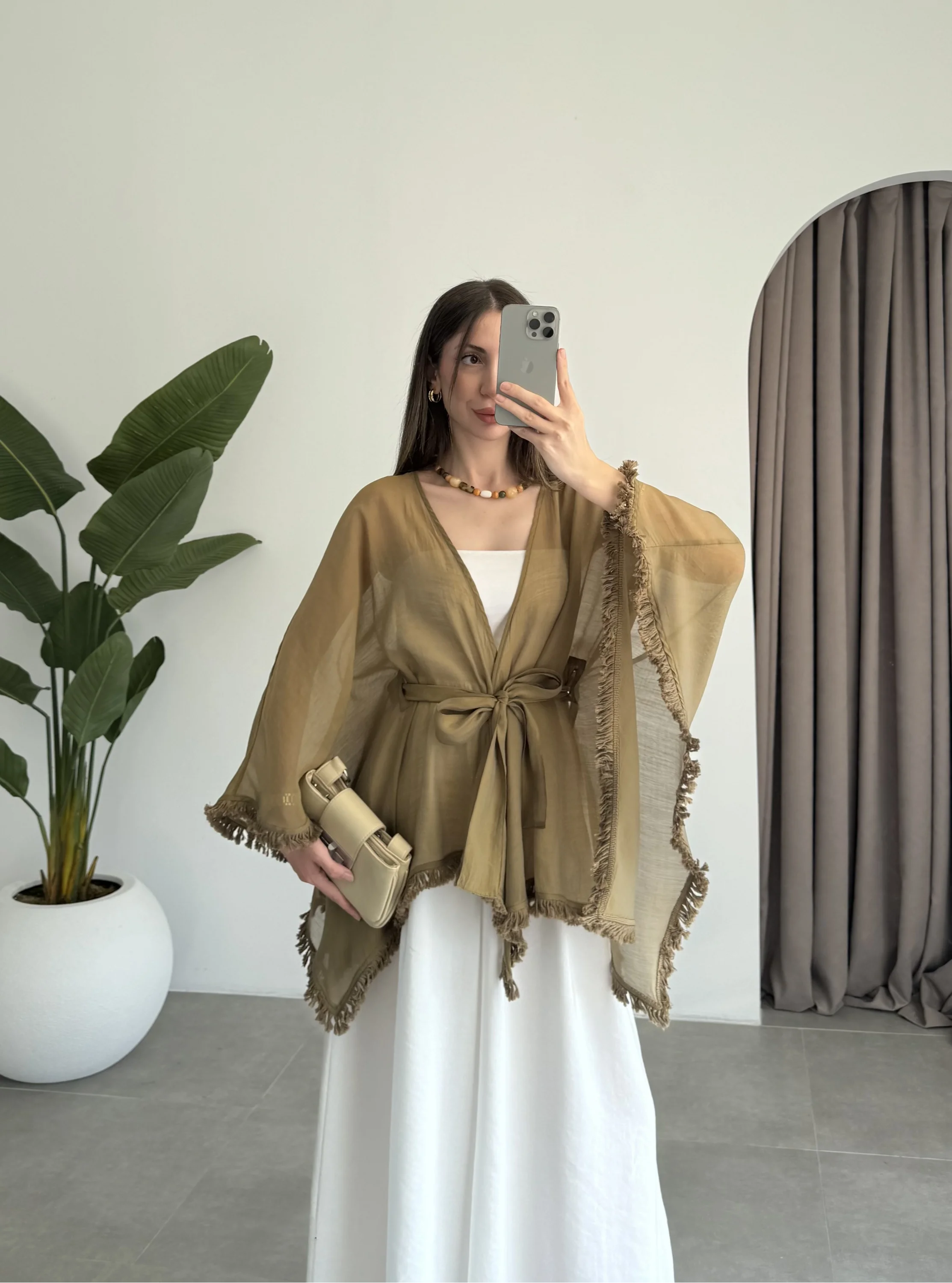 Püsküllü Kuşaklı Olive Kimono