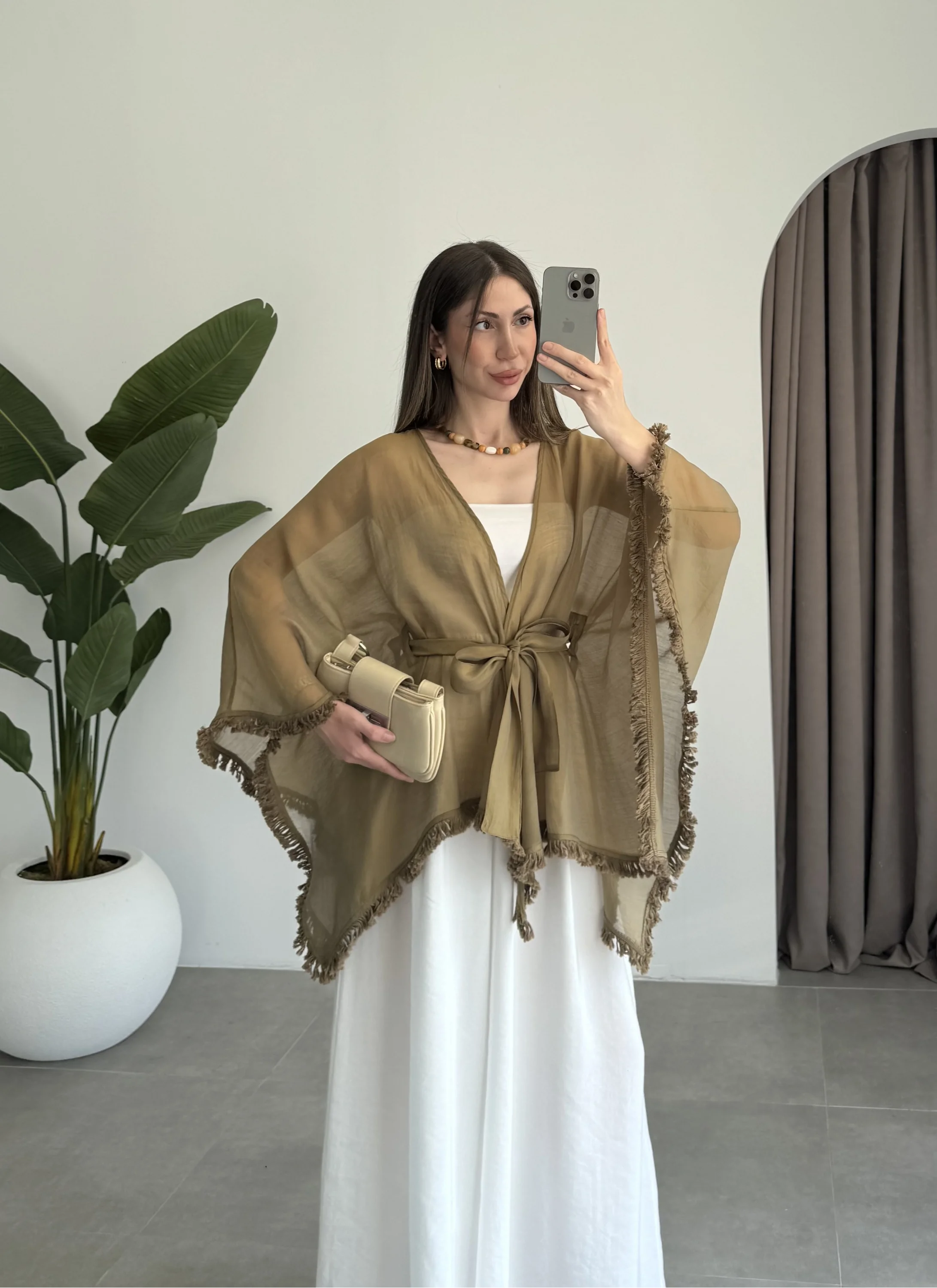 Püsküllü Kuşaklı Olive Kimono