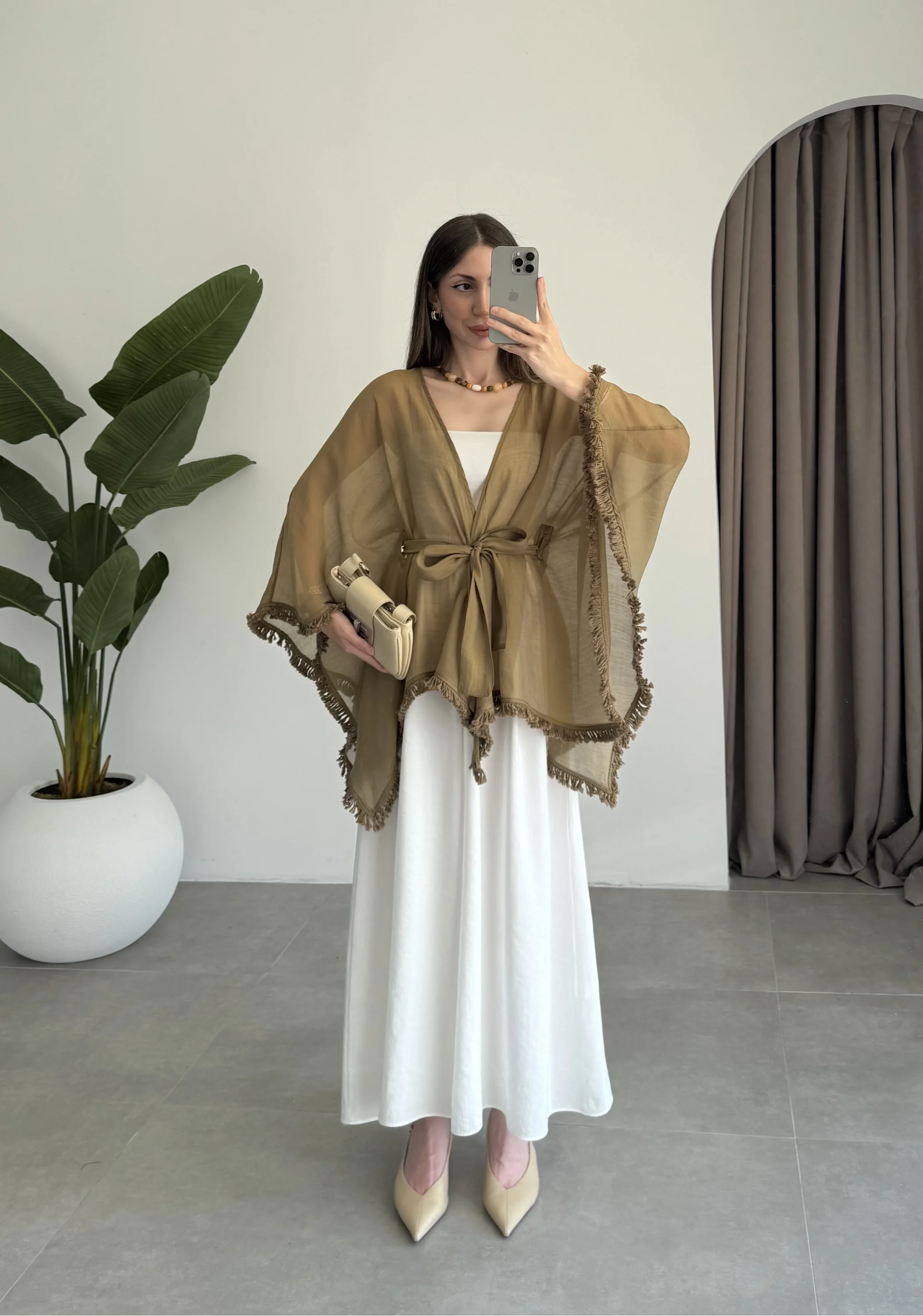 Püsküllü Kuşaklı Olive Kimono
