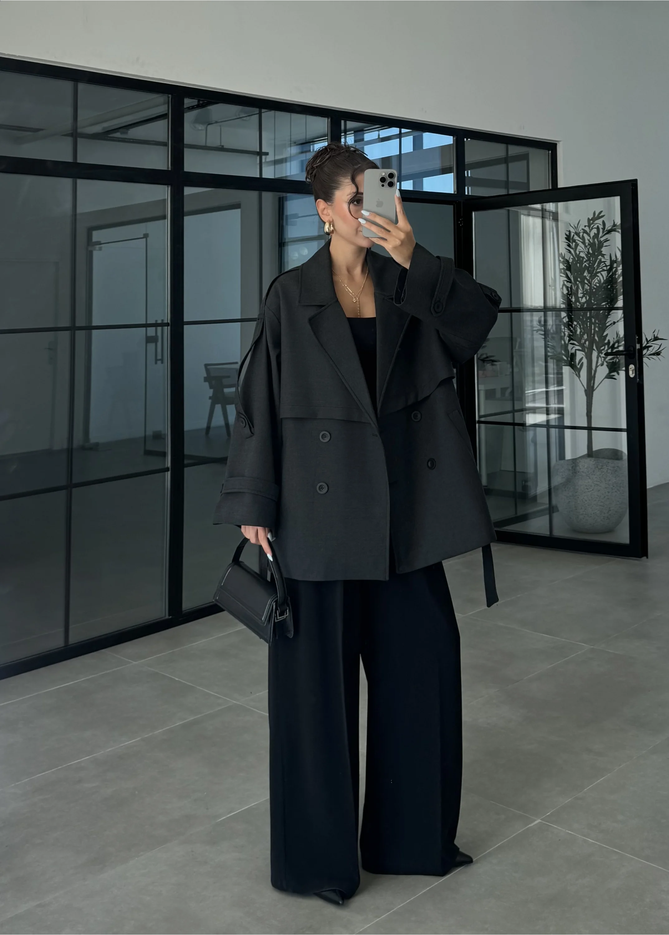 Rose Oversize Kuşaklı Antrasit Trençkot
