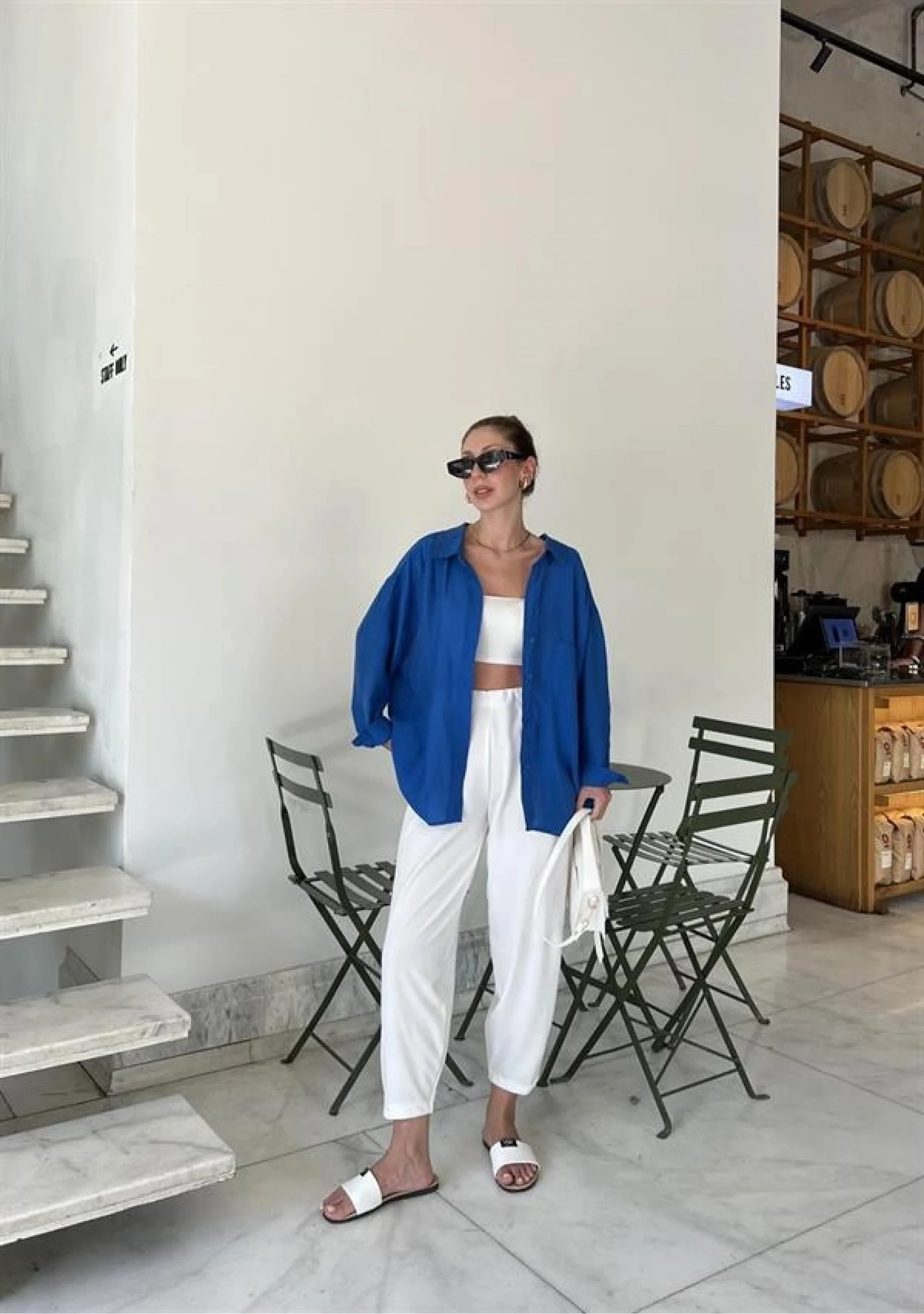 Saks Mavi Oversize Tensel Gömlek