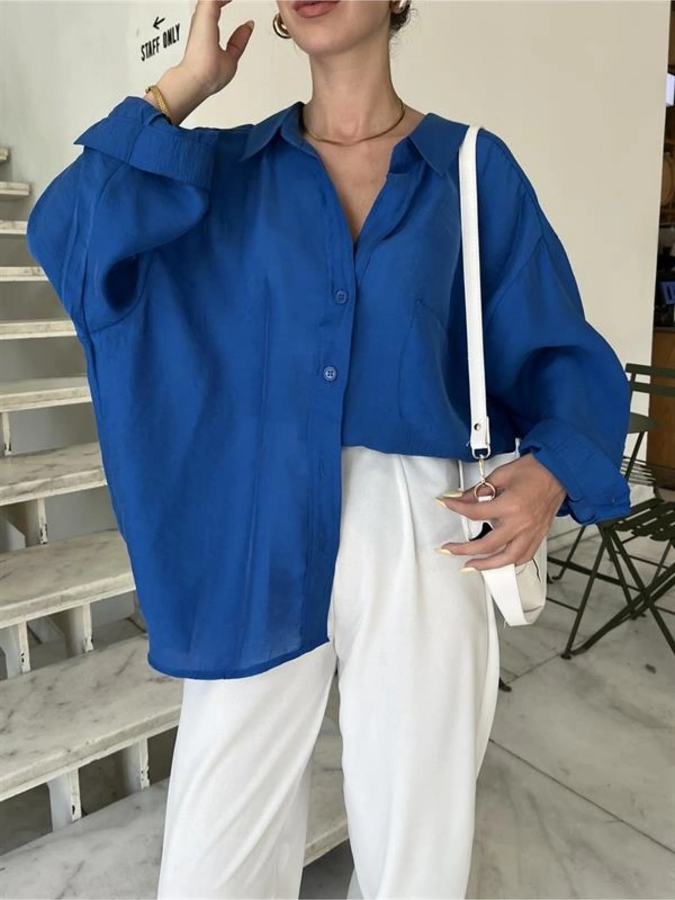 Saks Mavi Oversize Tensel Gömlek