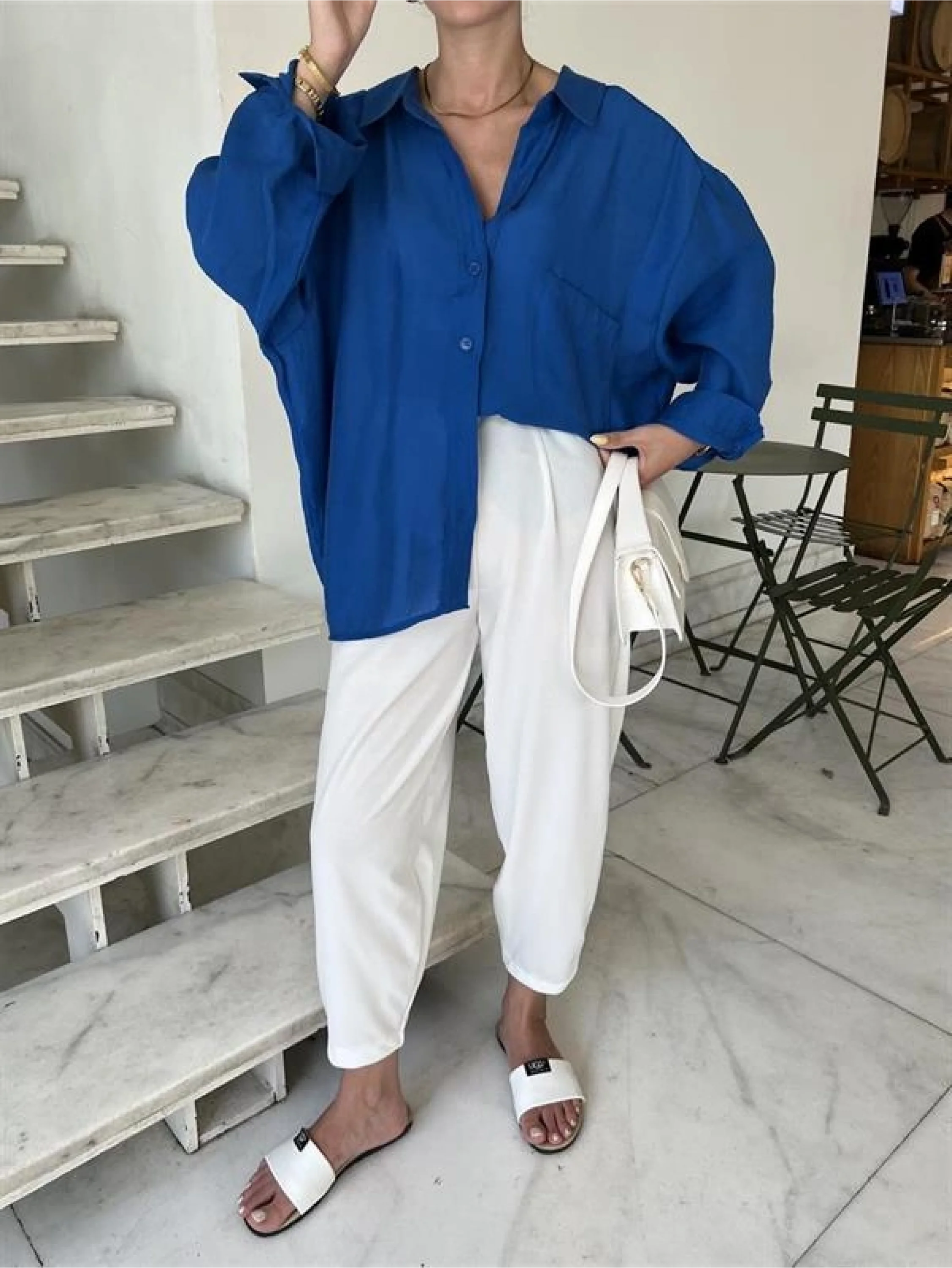 Saks Mavi Oversize Tensel Gömlek