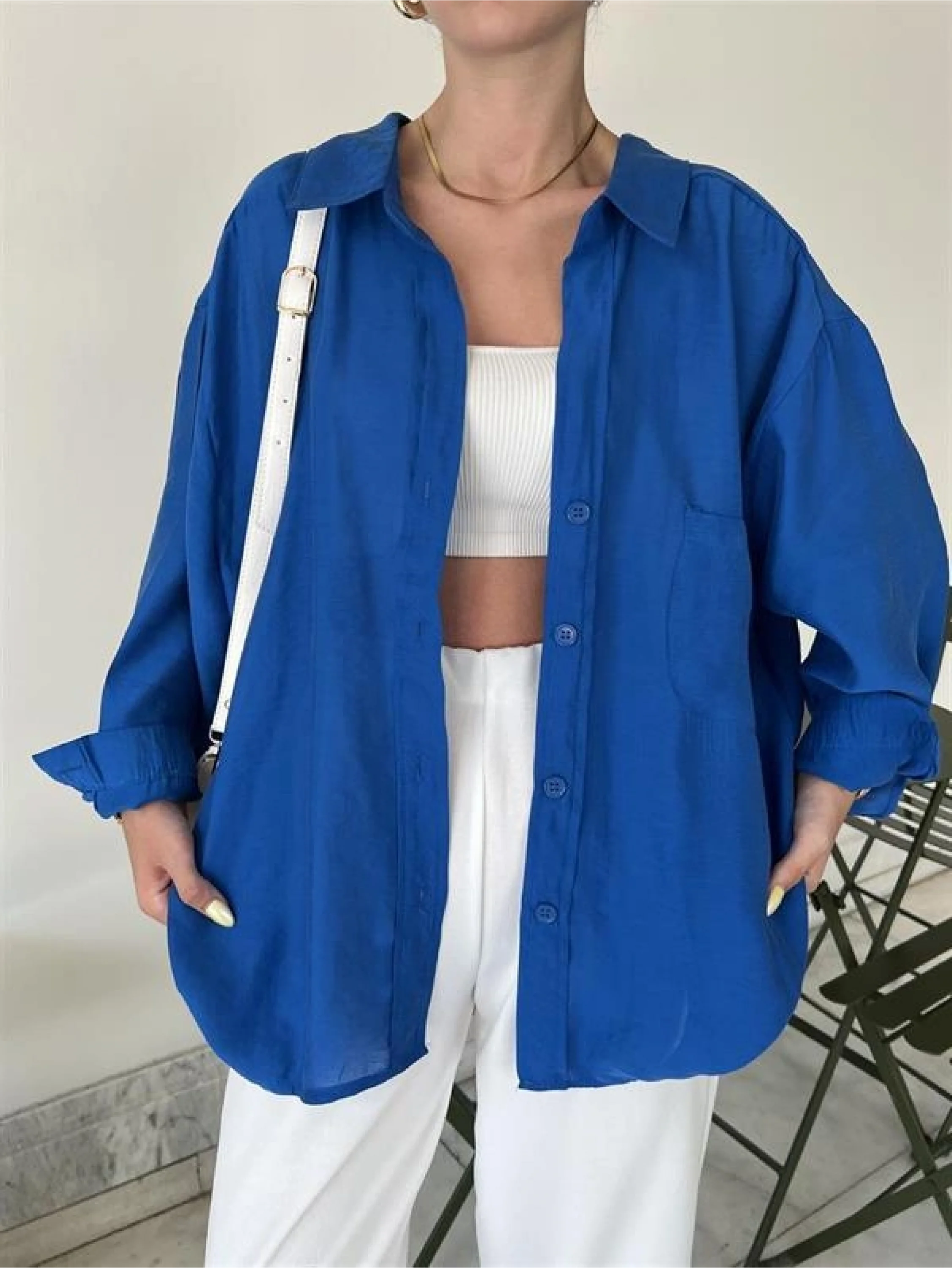 Saks Mavi Oversize Tensel Gömlek