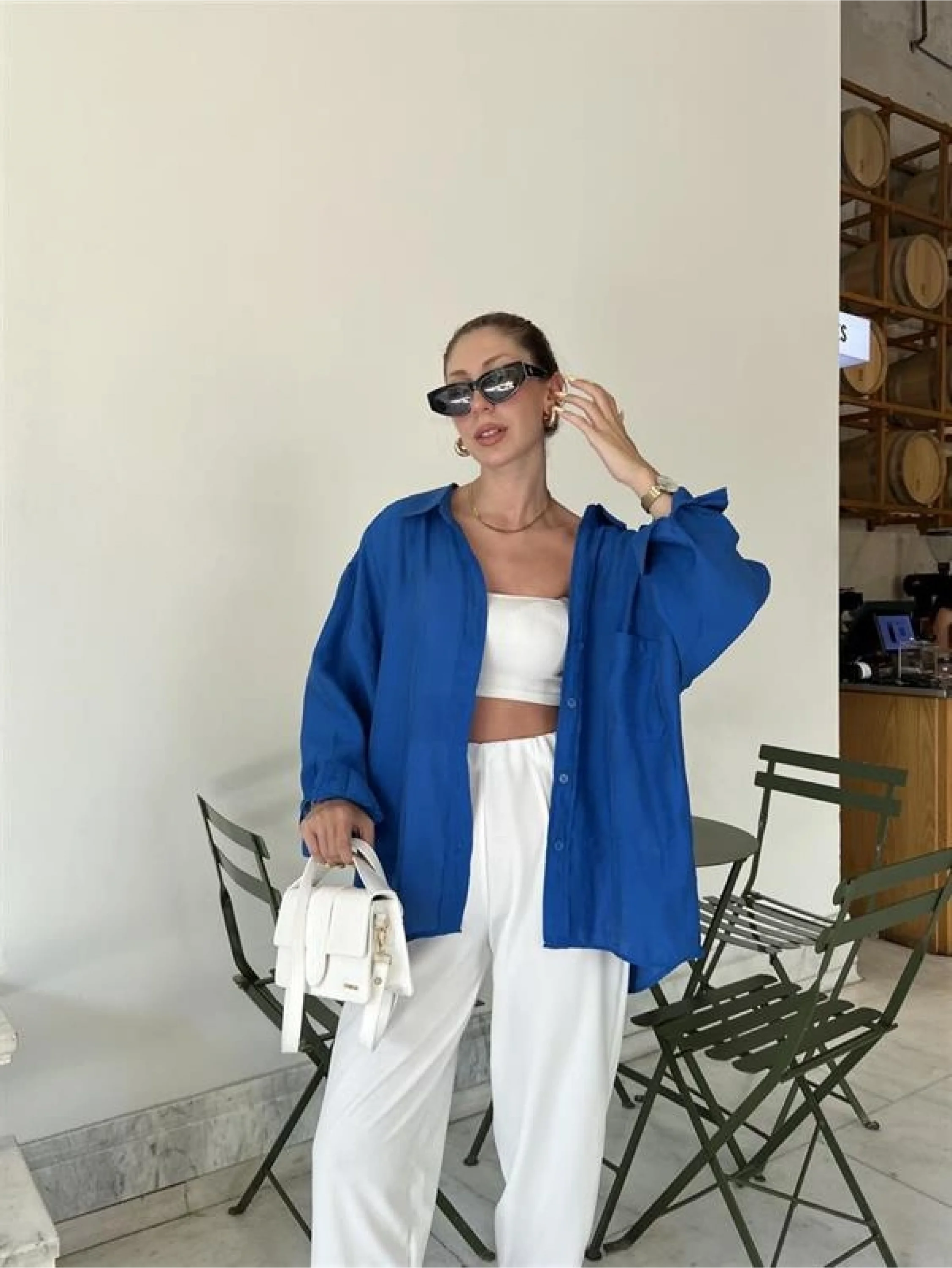 Saks Mavi Oversize Tensel Gömlek
