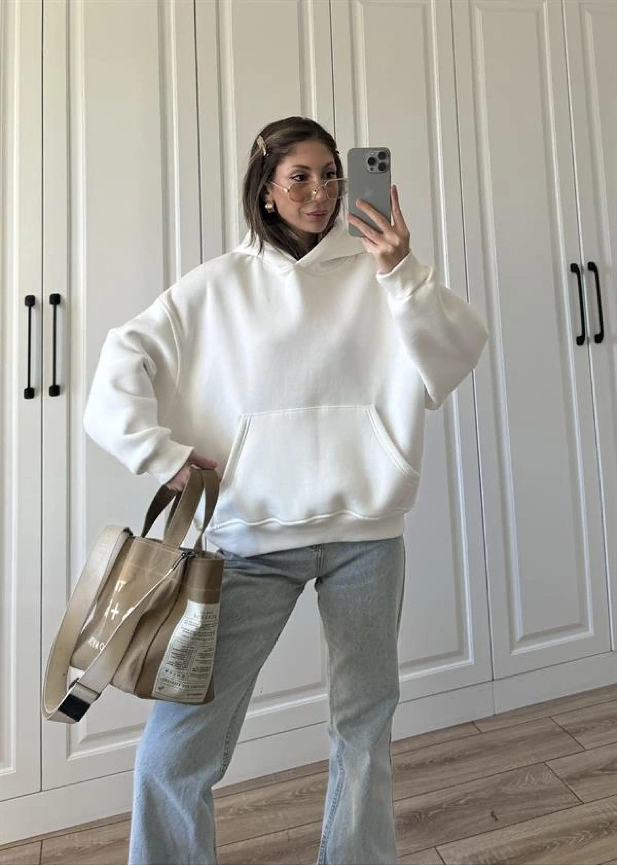 Şardonlu Oversize Beyaz Sweatshirt