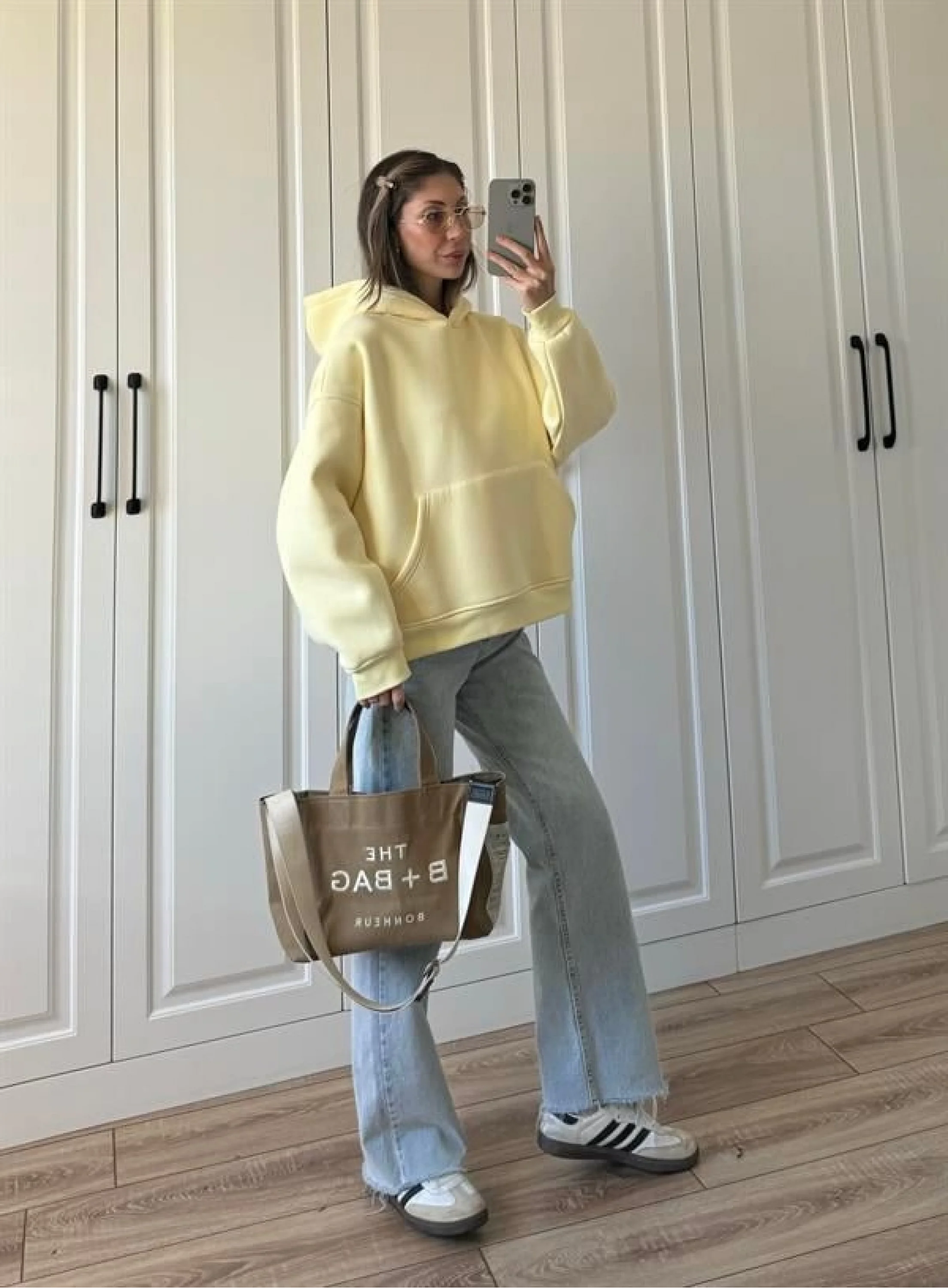 Şardonlu Oversize Sarı Sweatshirt