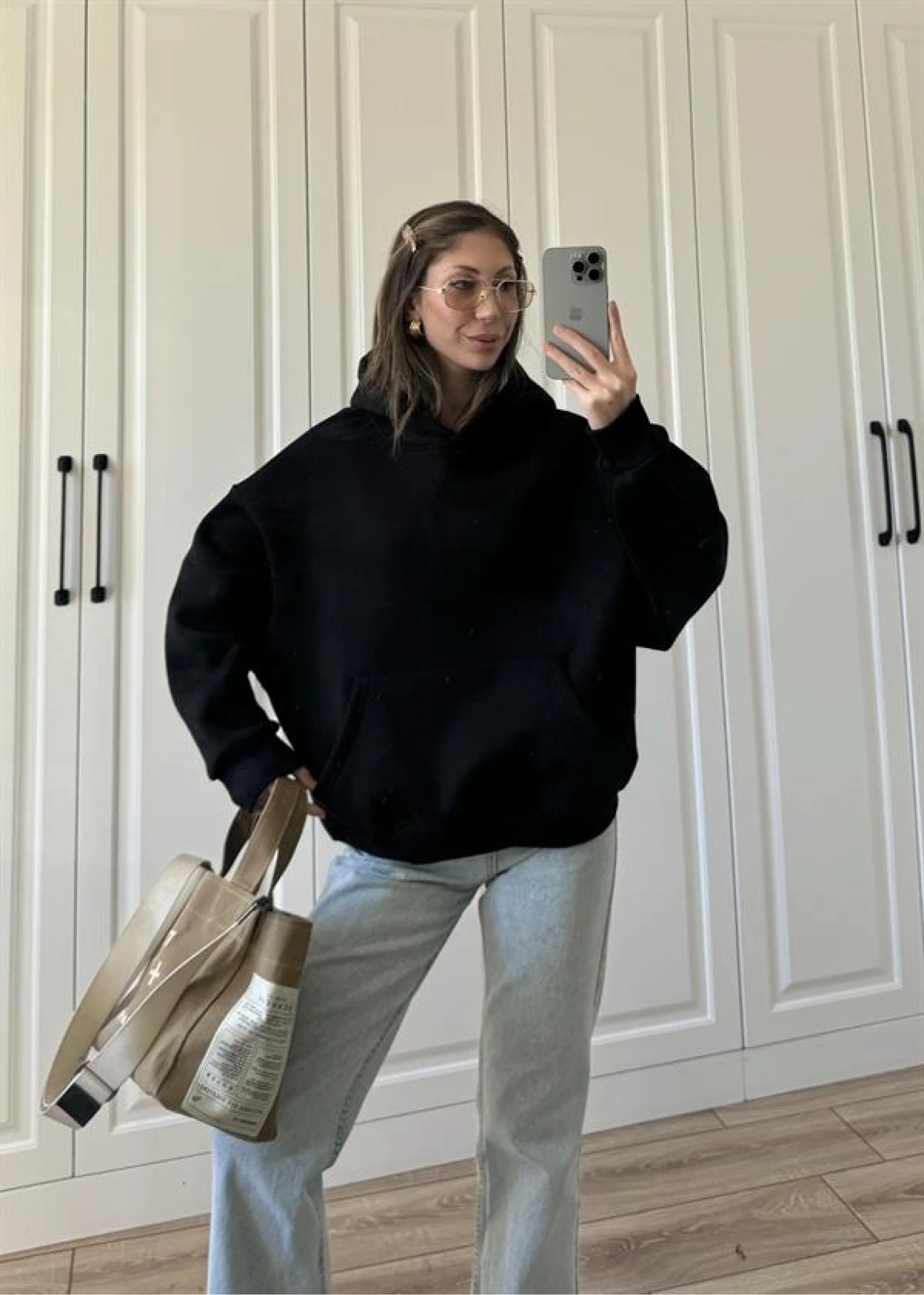 Şardonlu Oversize Siyah Sweatshirt