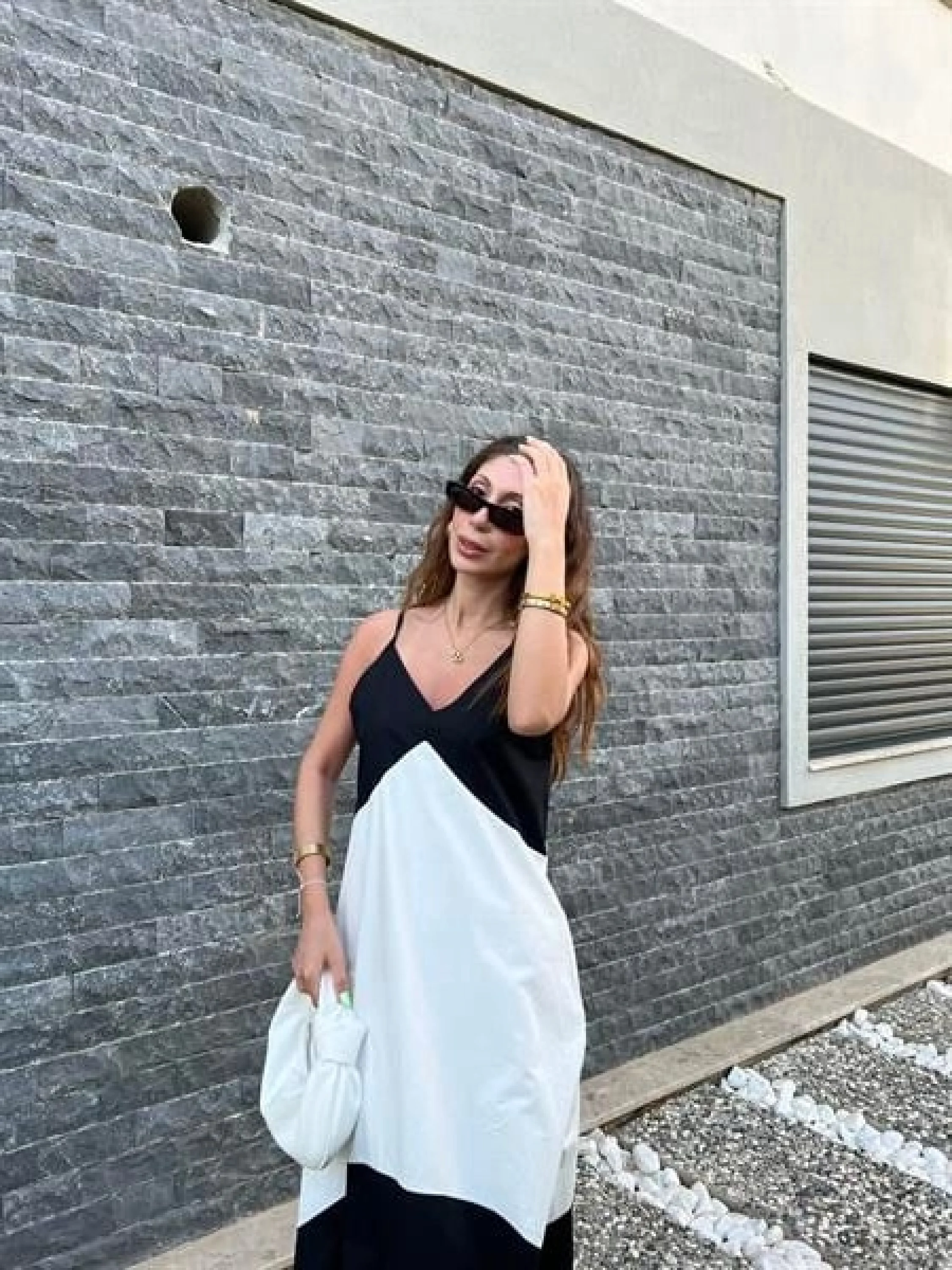 Siyah Beyaz Askılı Poplin Elbise