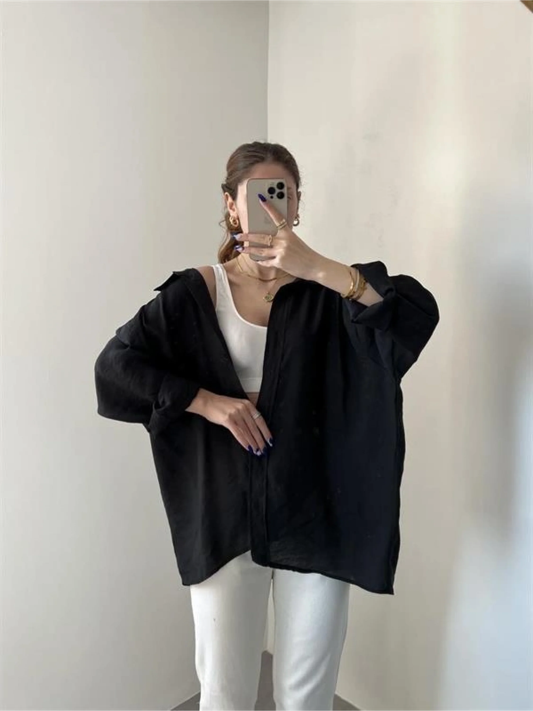 Siyah Oversize Tensel Gömlek