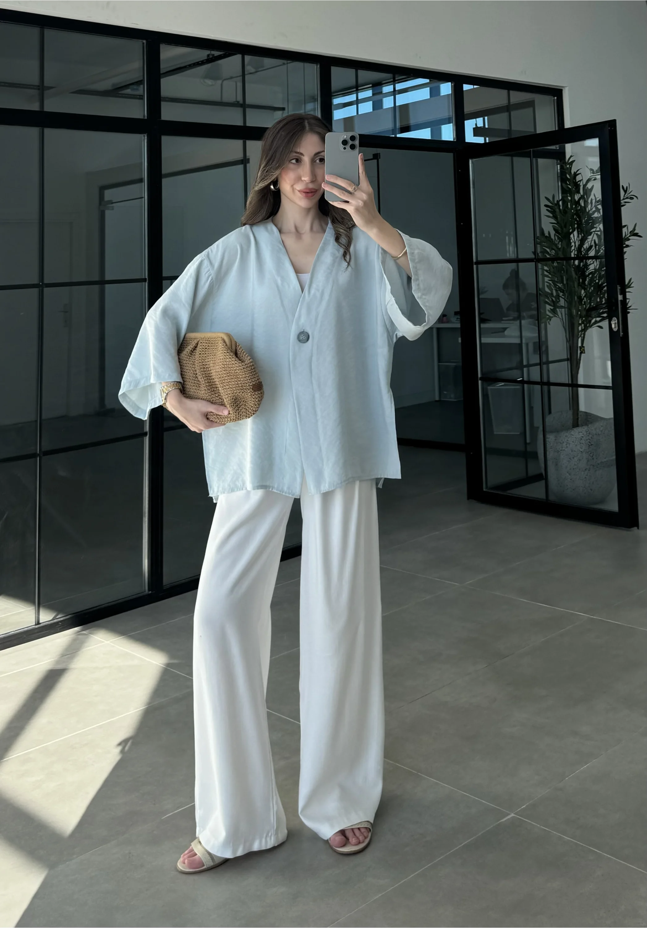 Sofi Tek Düğme Oversize Tensel Bebe Mavi Gömlek