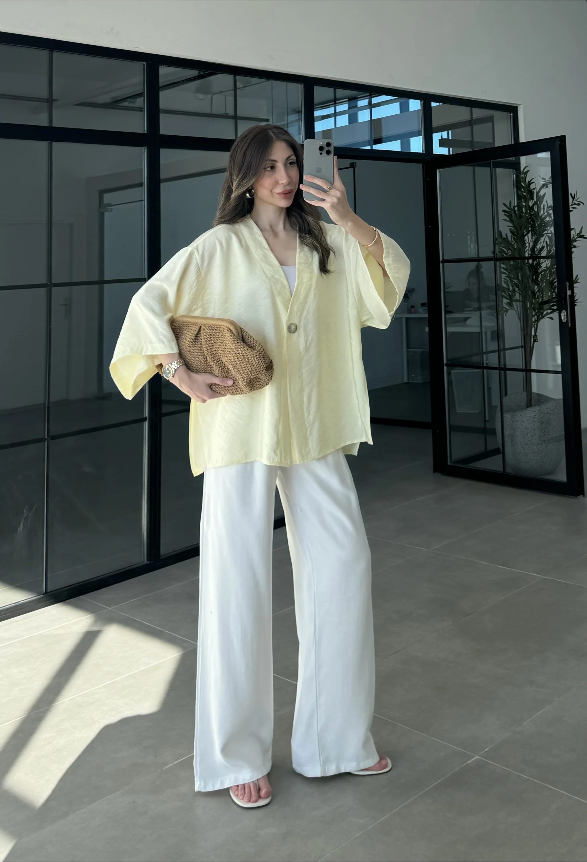 Sofi Tek Düğme Oversize Tensel Sarı Gömlek
