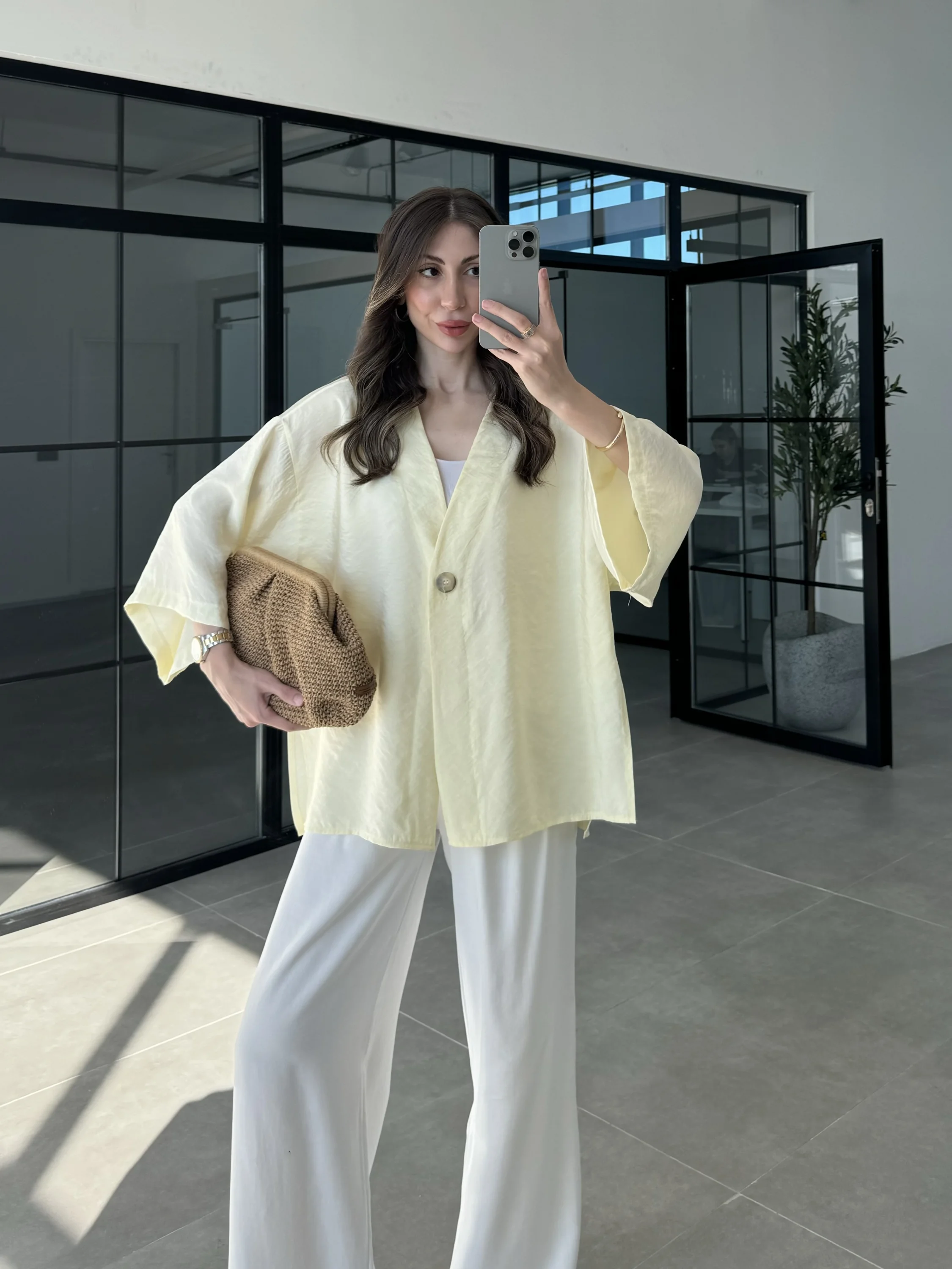 Sofi Tek Düğme Oversize Tensel Sarı Gömlek