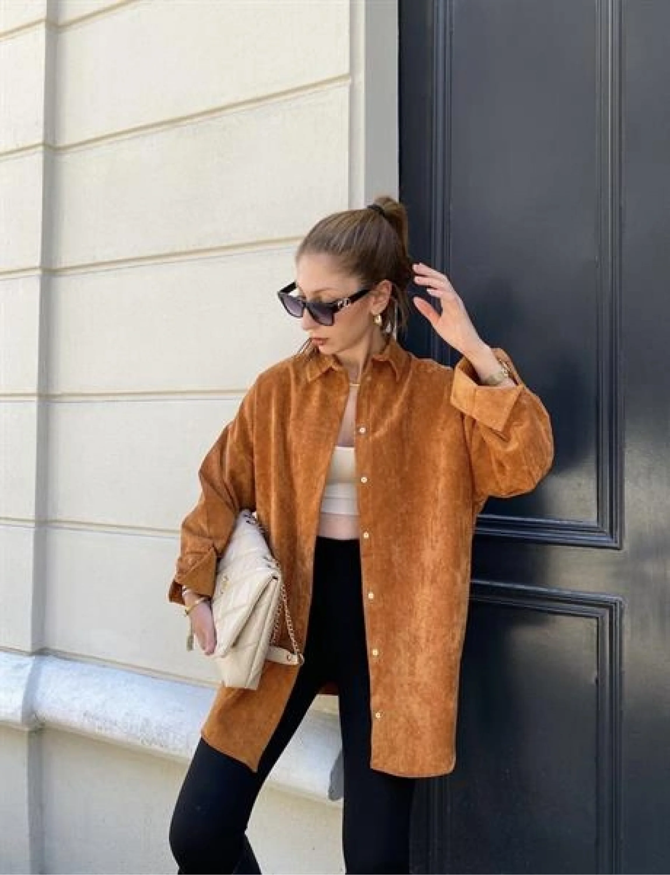 Taba Renk Oversize Kadife Gömlek