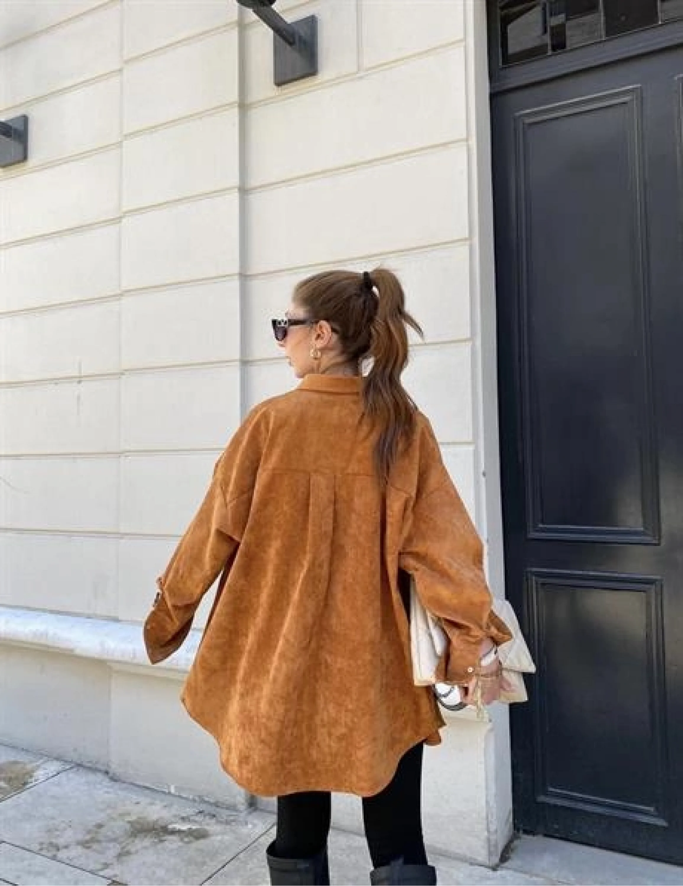 Taba Renk Oversize Kadife Gömlek