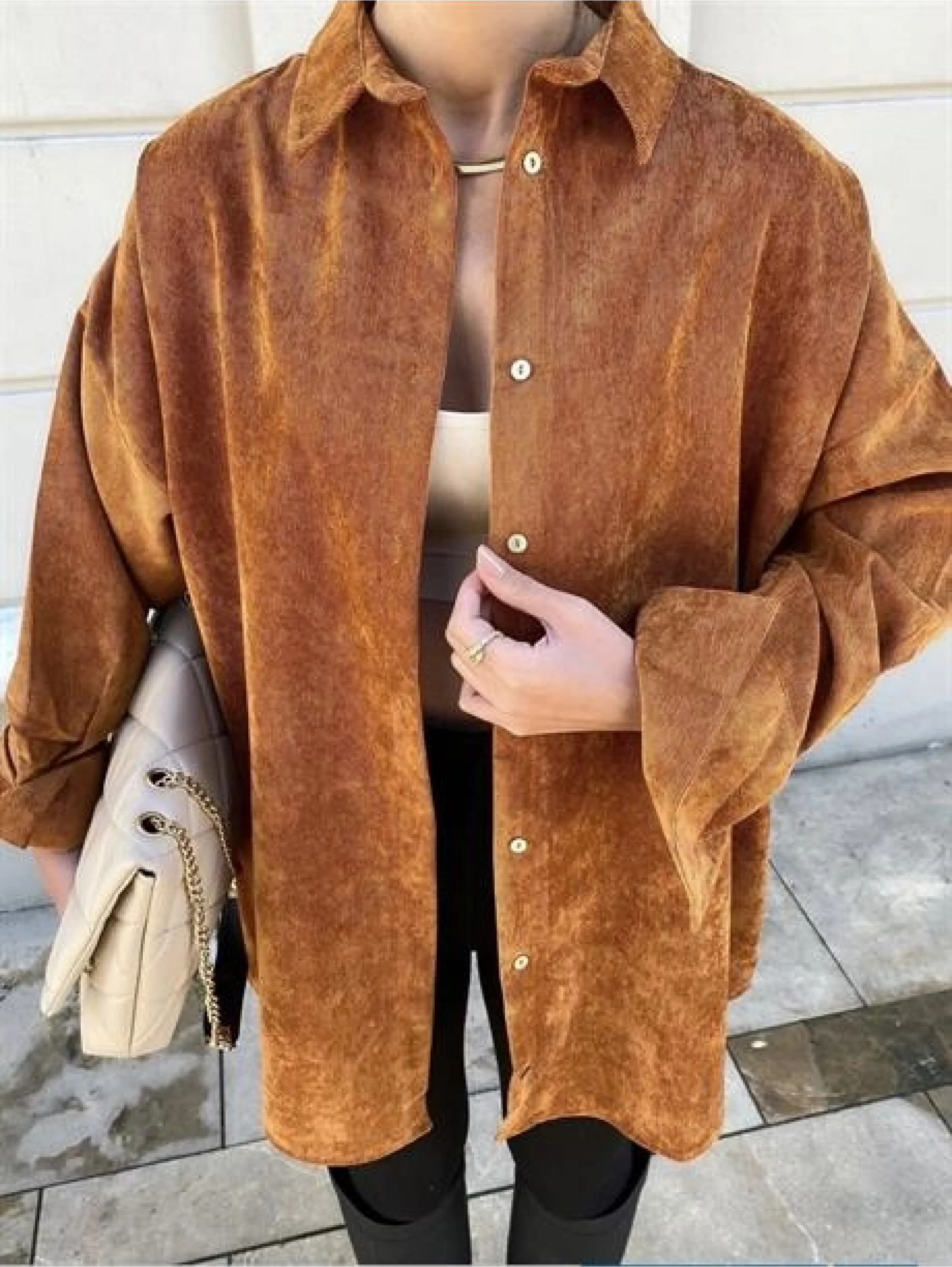 Taba Renk Oversize Kadife Gömlek