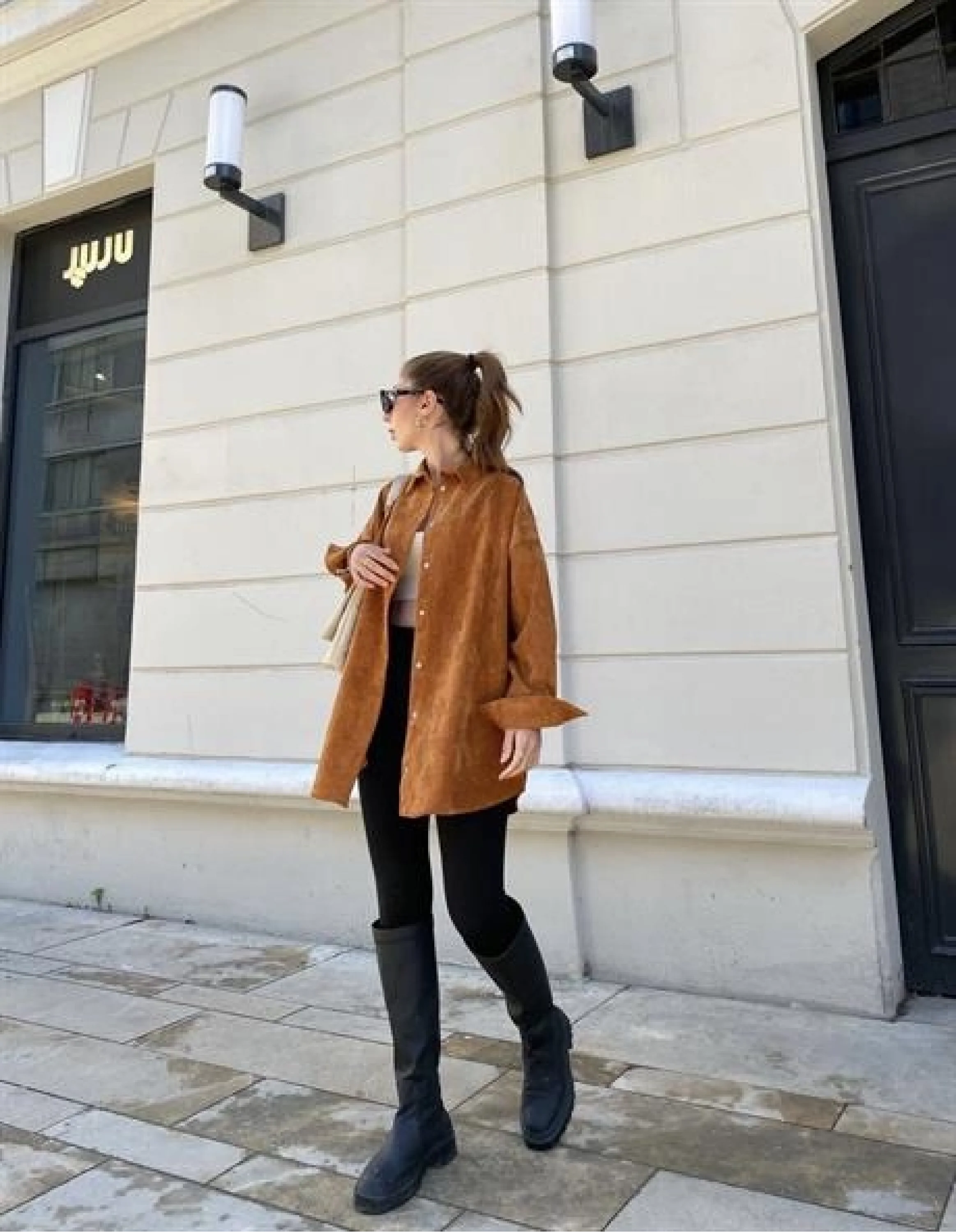 Taba Renk Oversize Kadife Gömlek