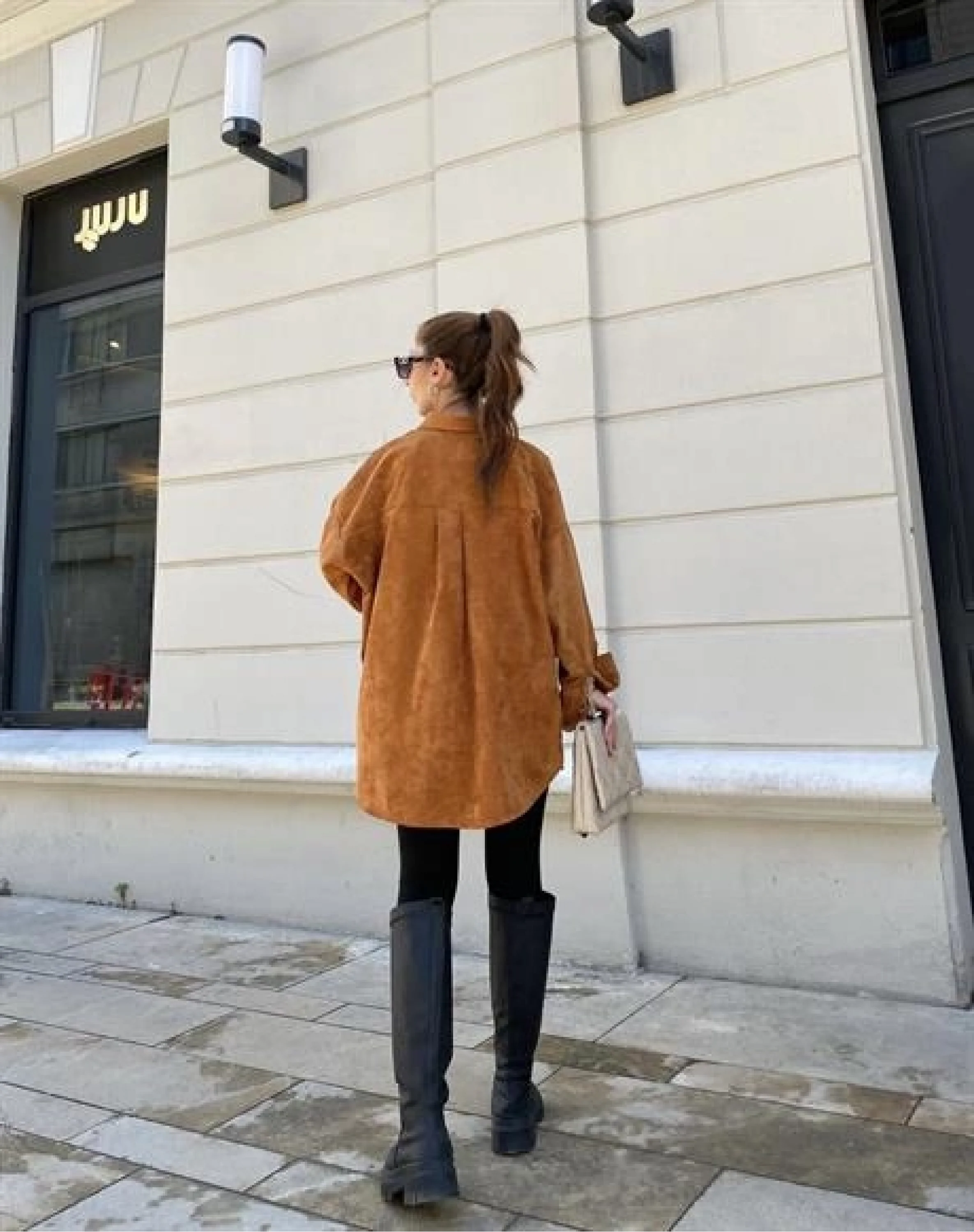 Taba Renk Oversize Kadife Gömlek