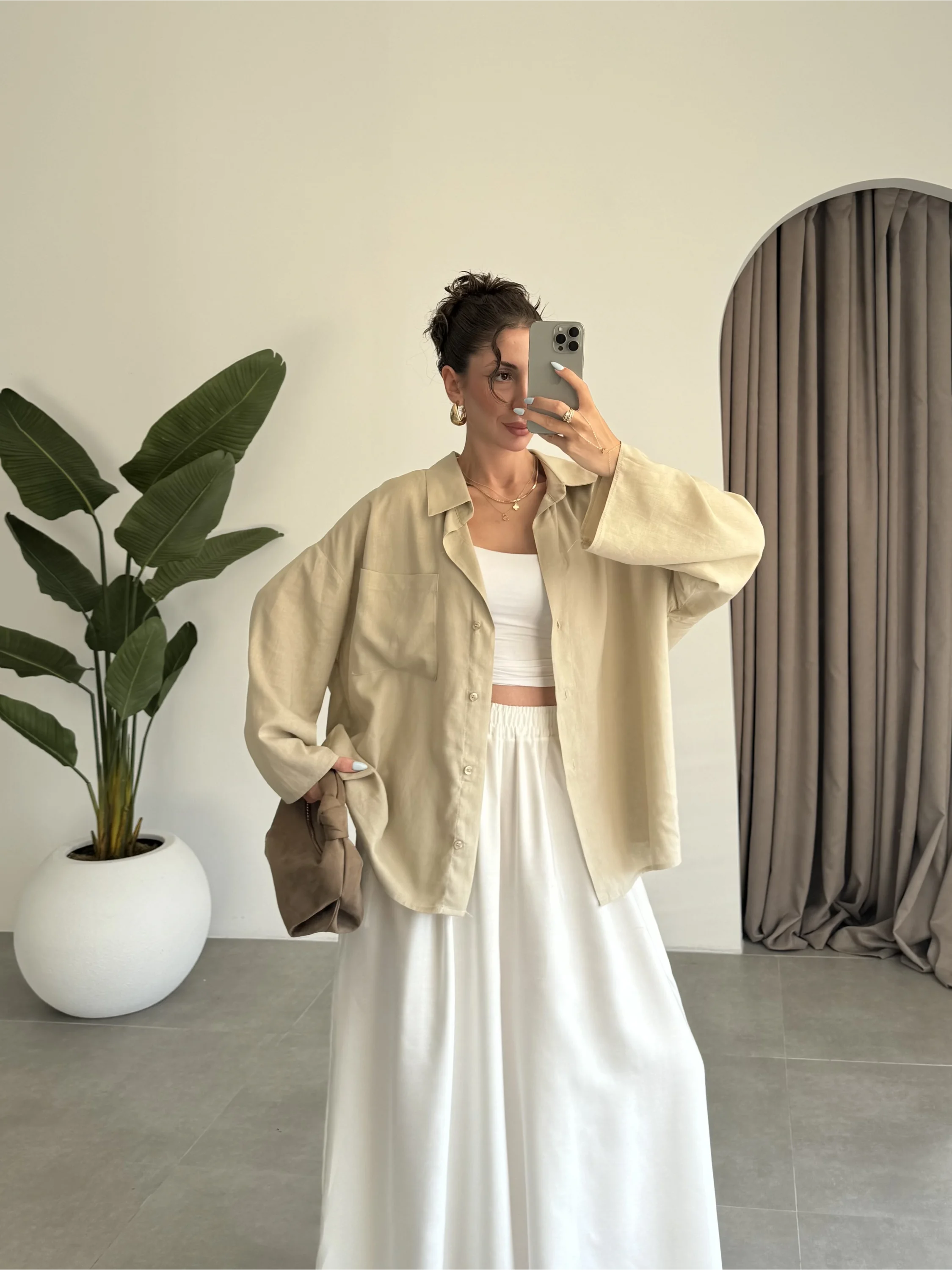 Tek Cepli Keten Oversize Taş Gömlek