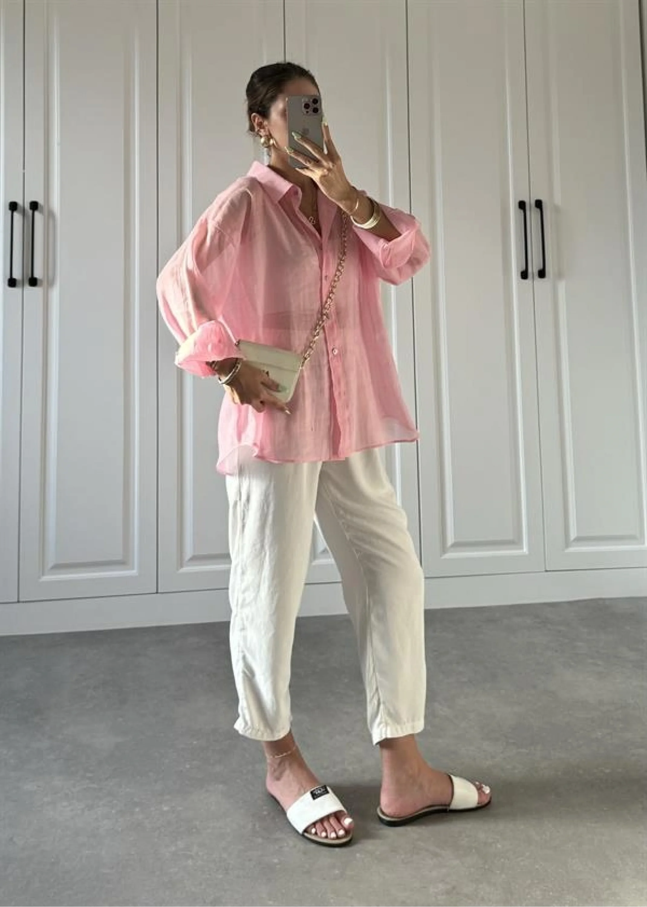 Transparan Pembe Oversize Gömlek