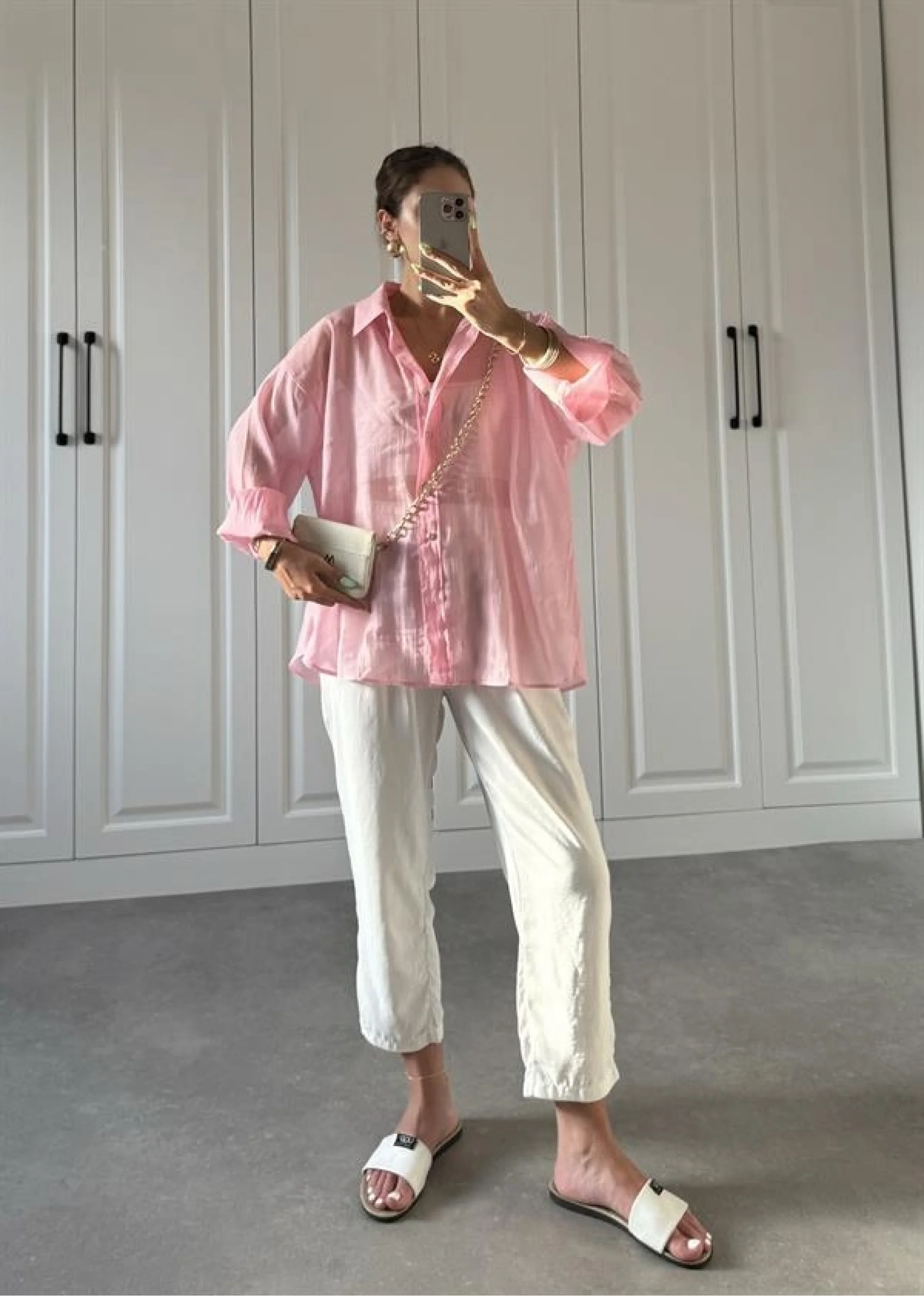 Transparan Pembe Oversize Gömlek