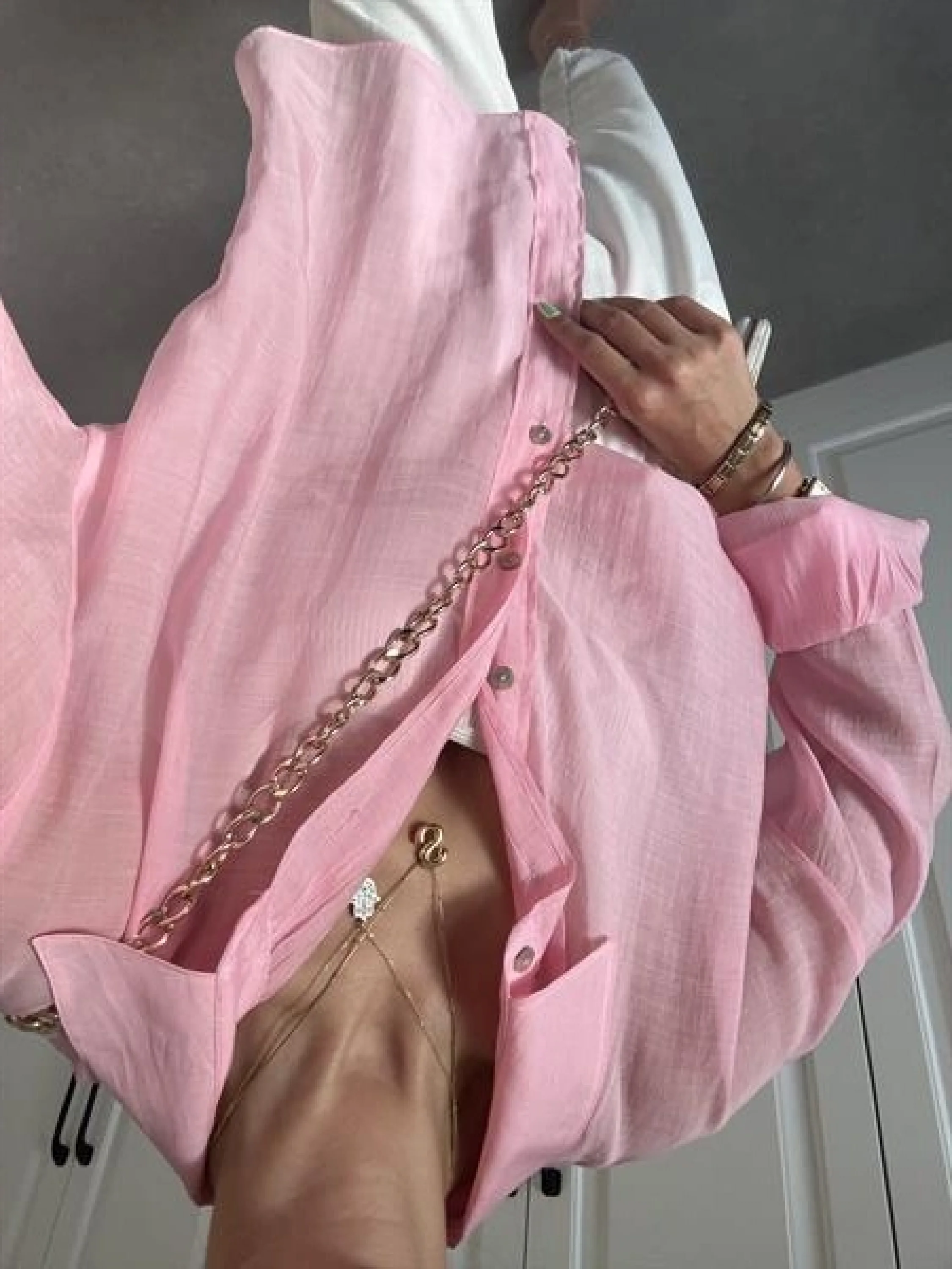 Transparan Pembe Oversize Gömlek