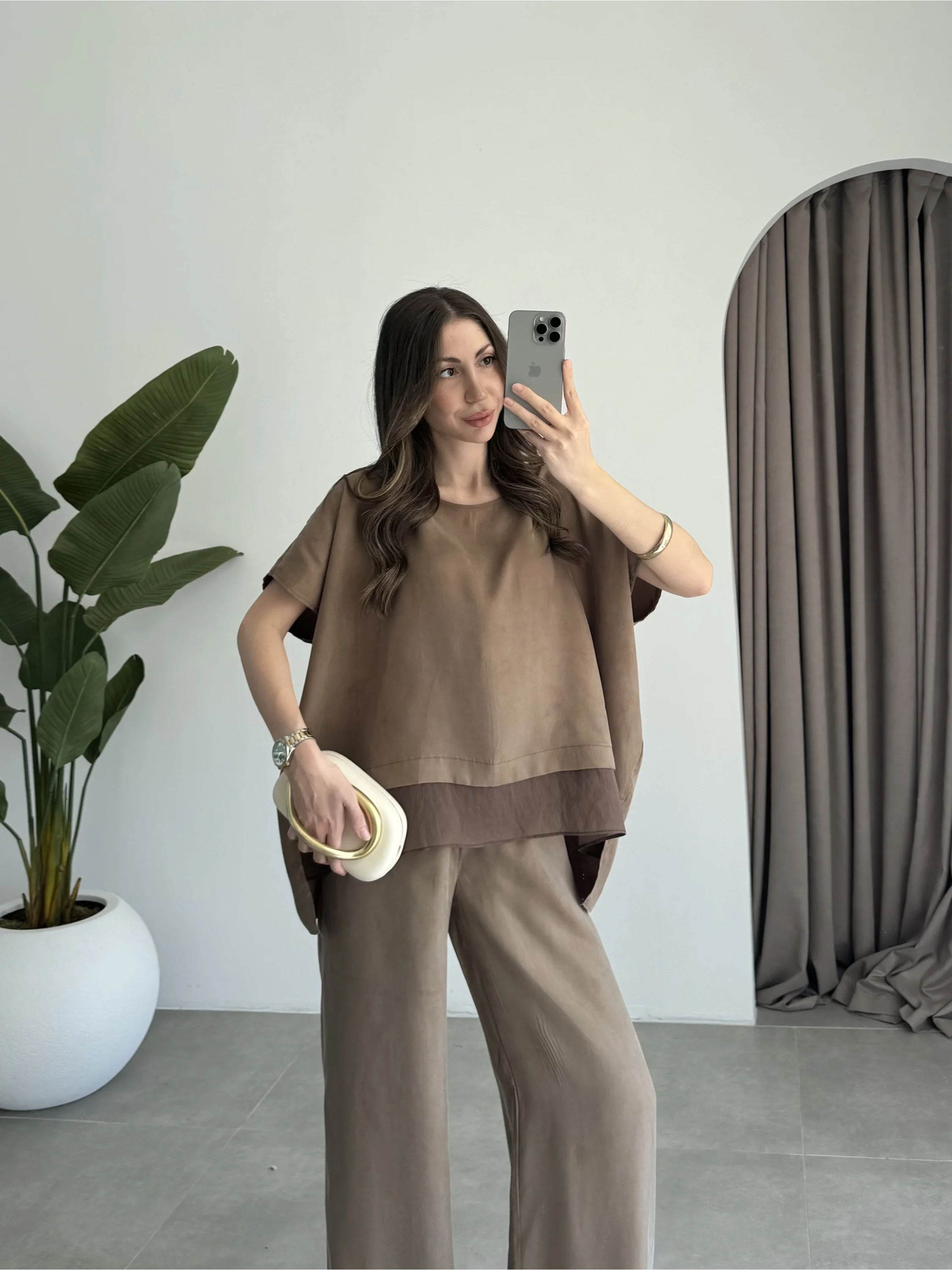 Tül Detaylı Bronz Bluz Takım