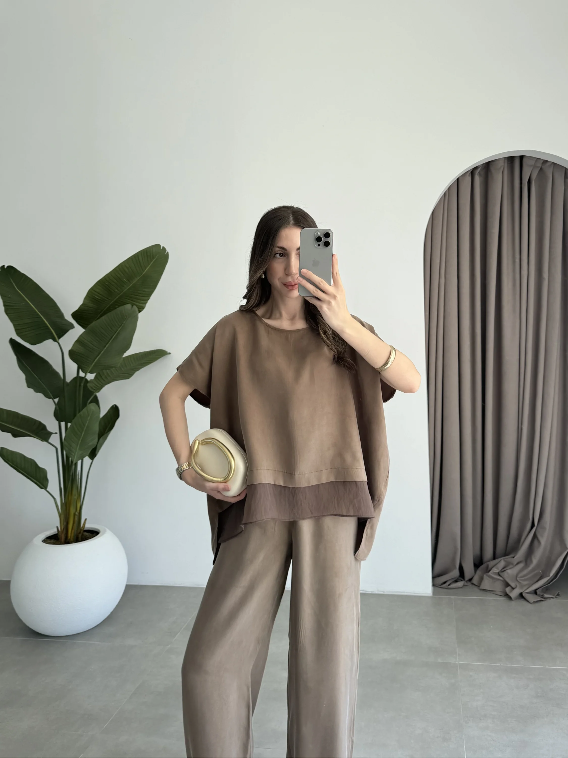 Tül Detaylı Bronz Bluz Takım
