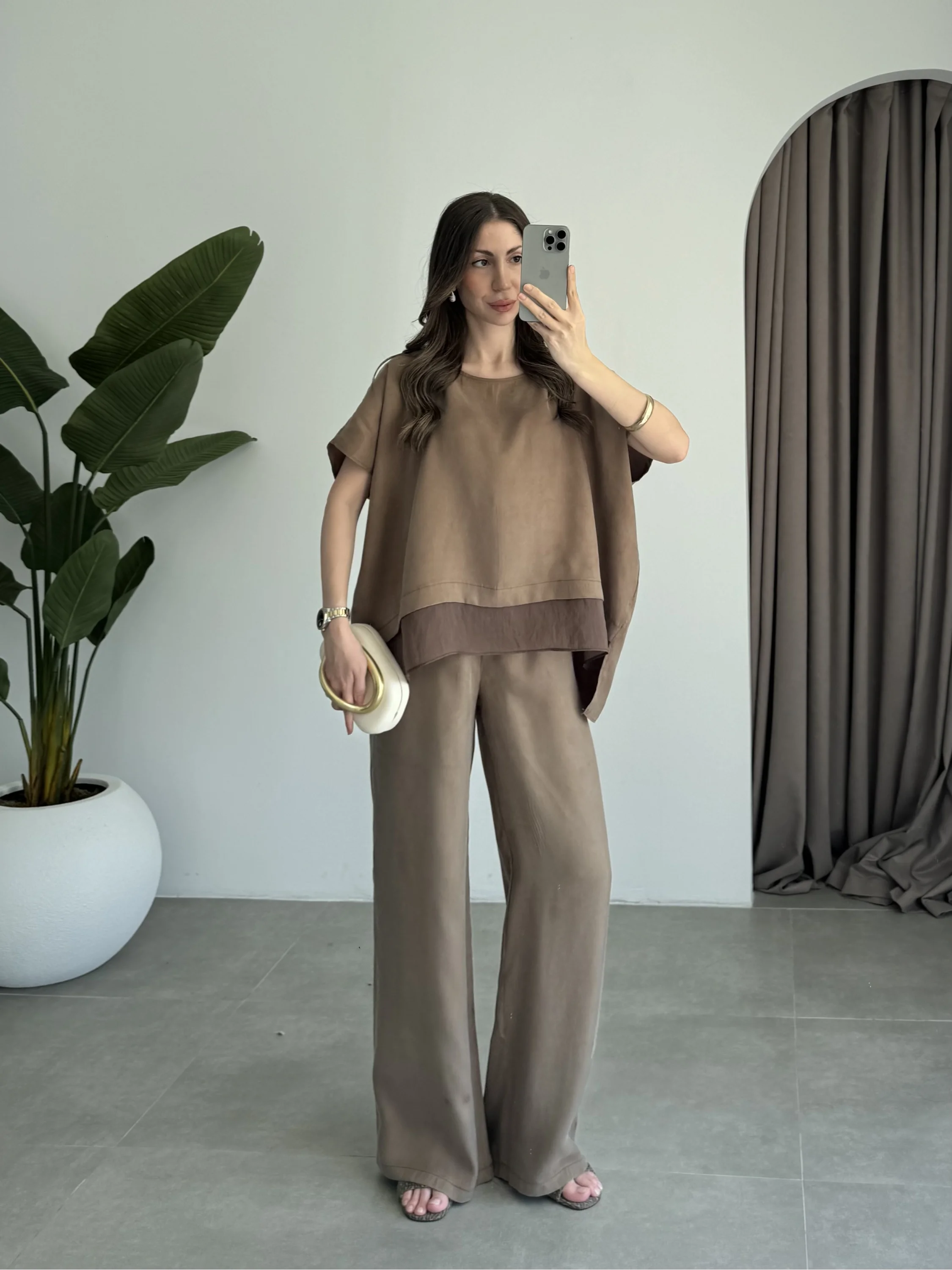 Tül Detaylı Bronz Bluz Takım
