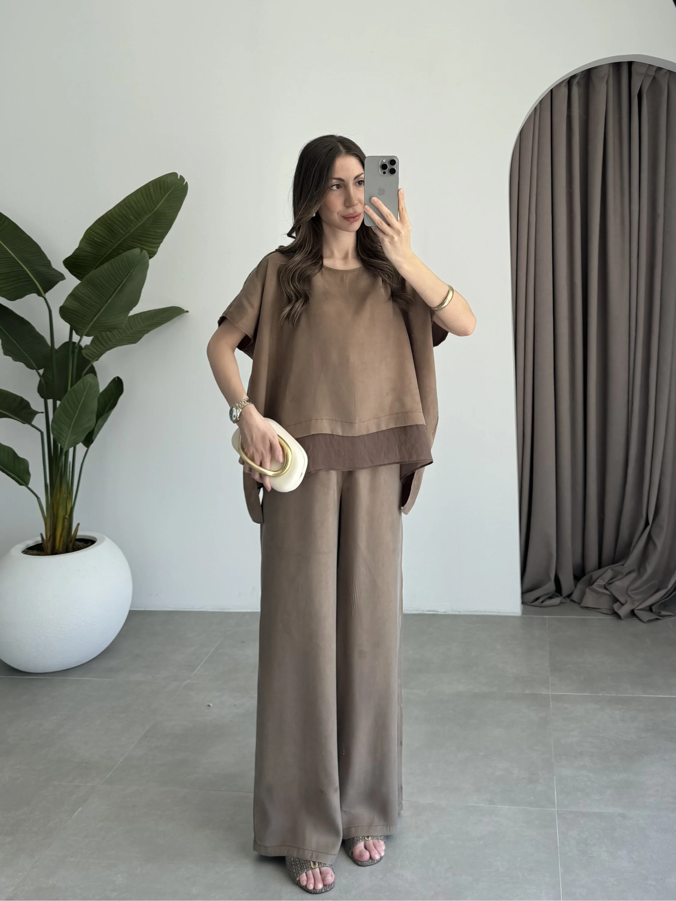 Tül Detaylı Bronz Bluz Takım