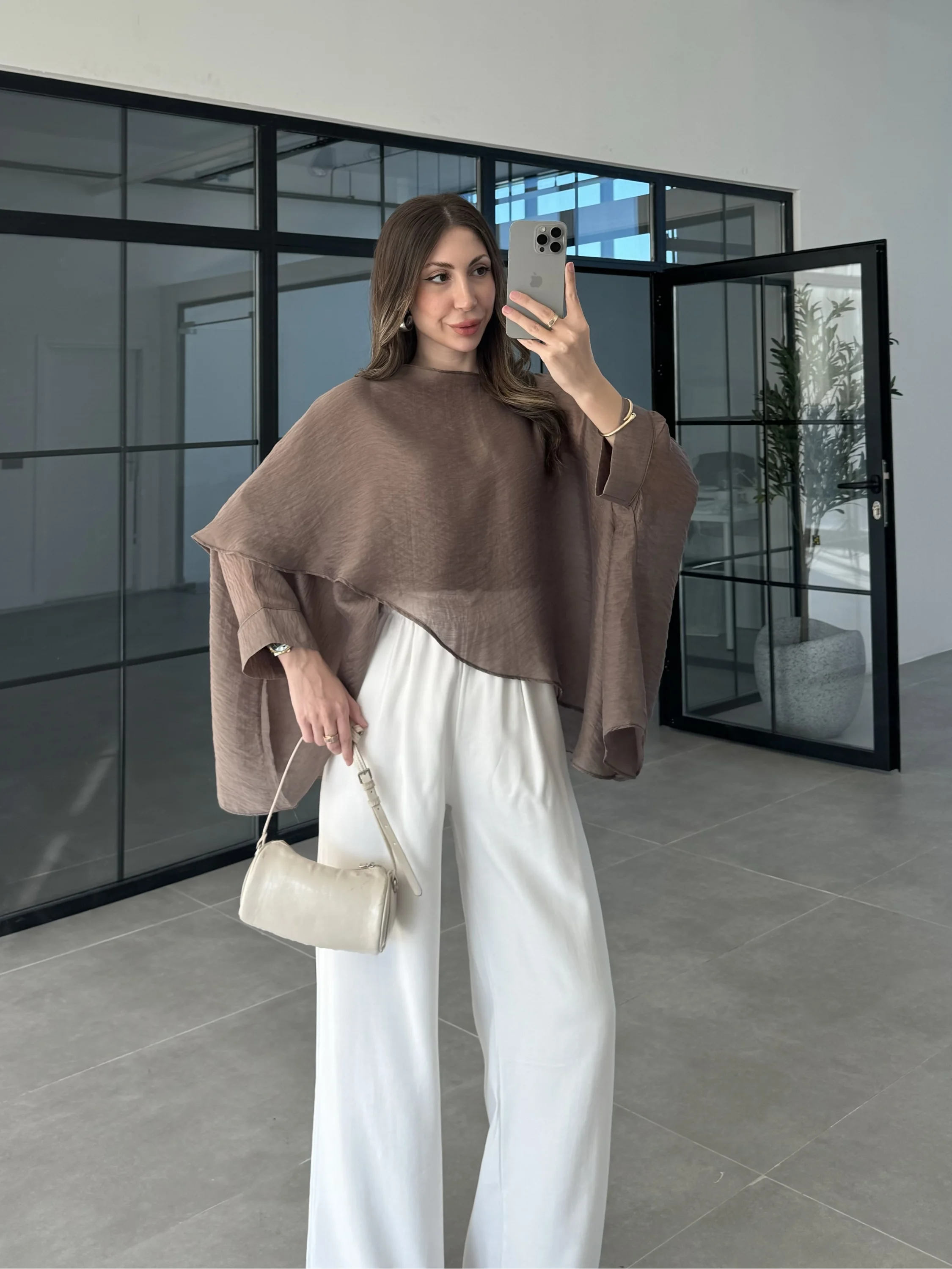 Uçuşan Pelerin Bronz Tül Bluz