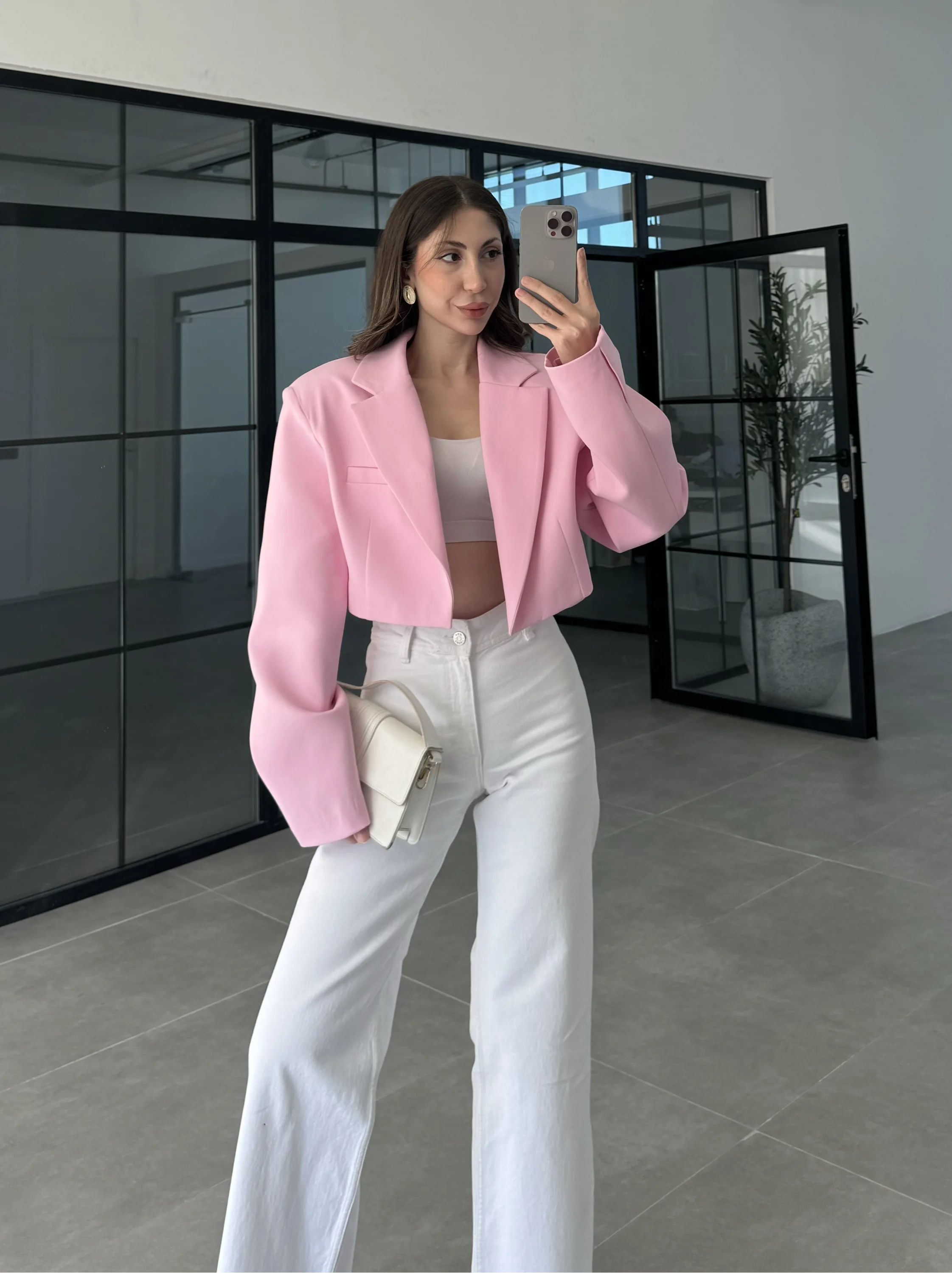 Vatkalı Astarlı Pembe Crop Ceket