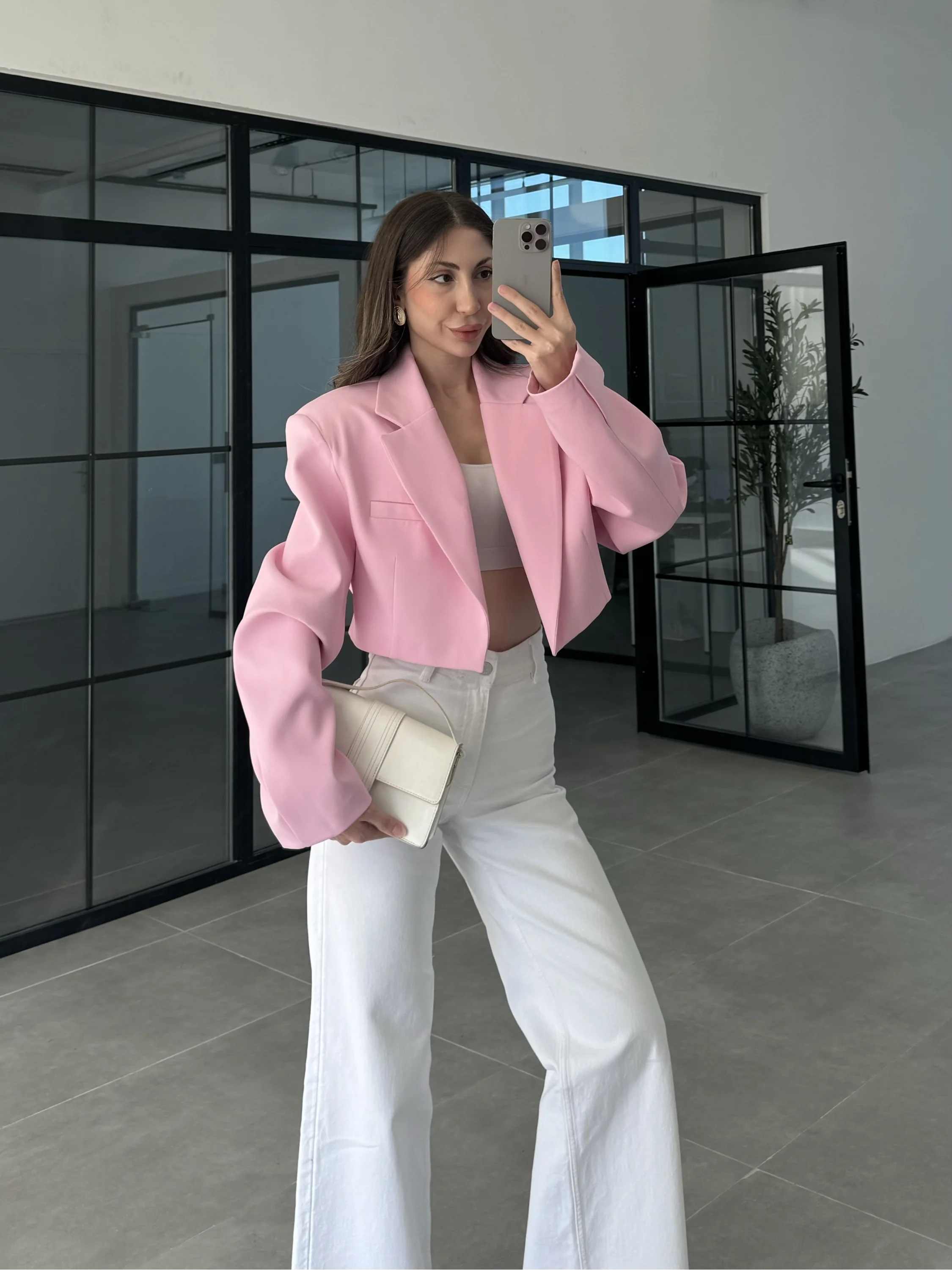 Vatkalı Astarlı Pembe Crop Ceket